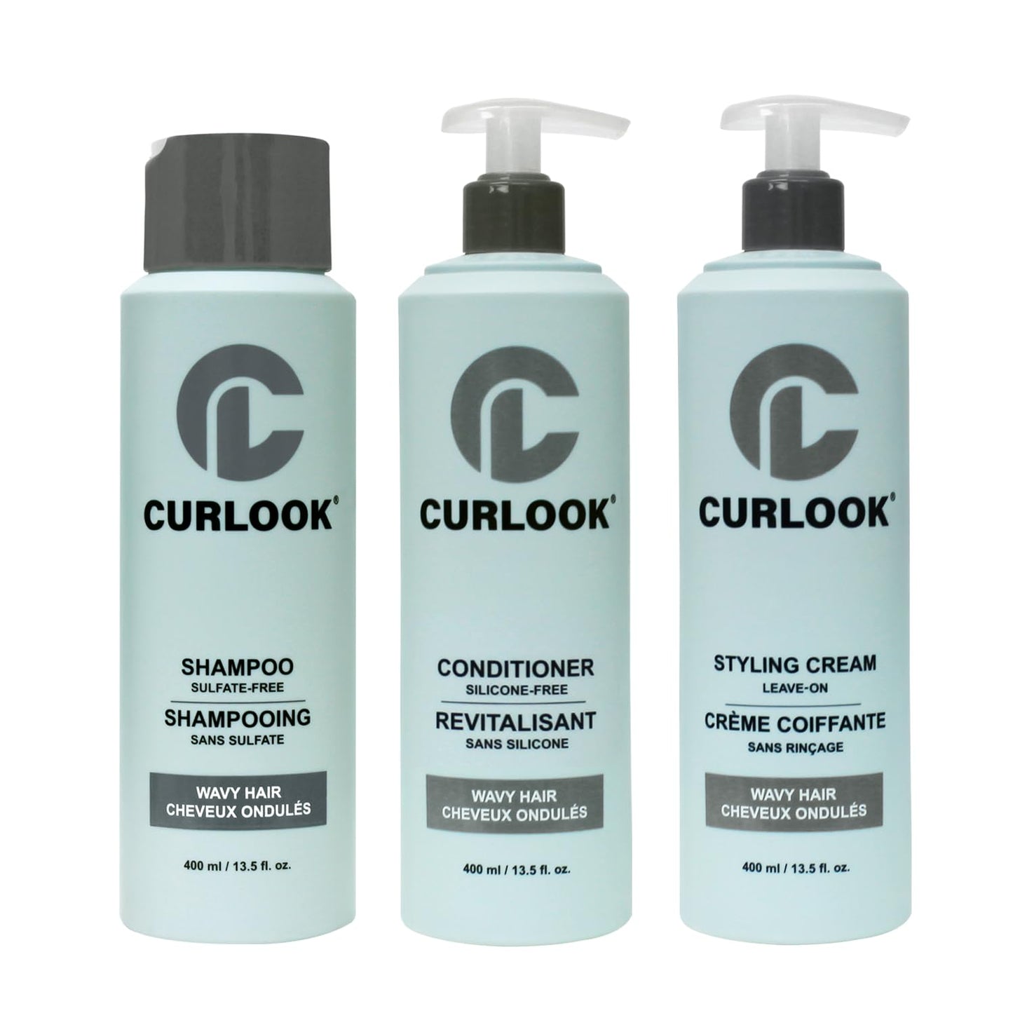 CURLOOK Wavy Hair Bundle | Shampoo, Conditioner & Leave-In Styling Cream Set | Sulfate-Free, Silicone-Free | Pack of 3-400ml (13.5 oz) Each Bottle |