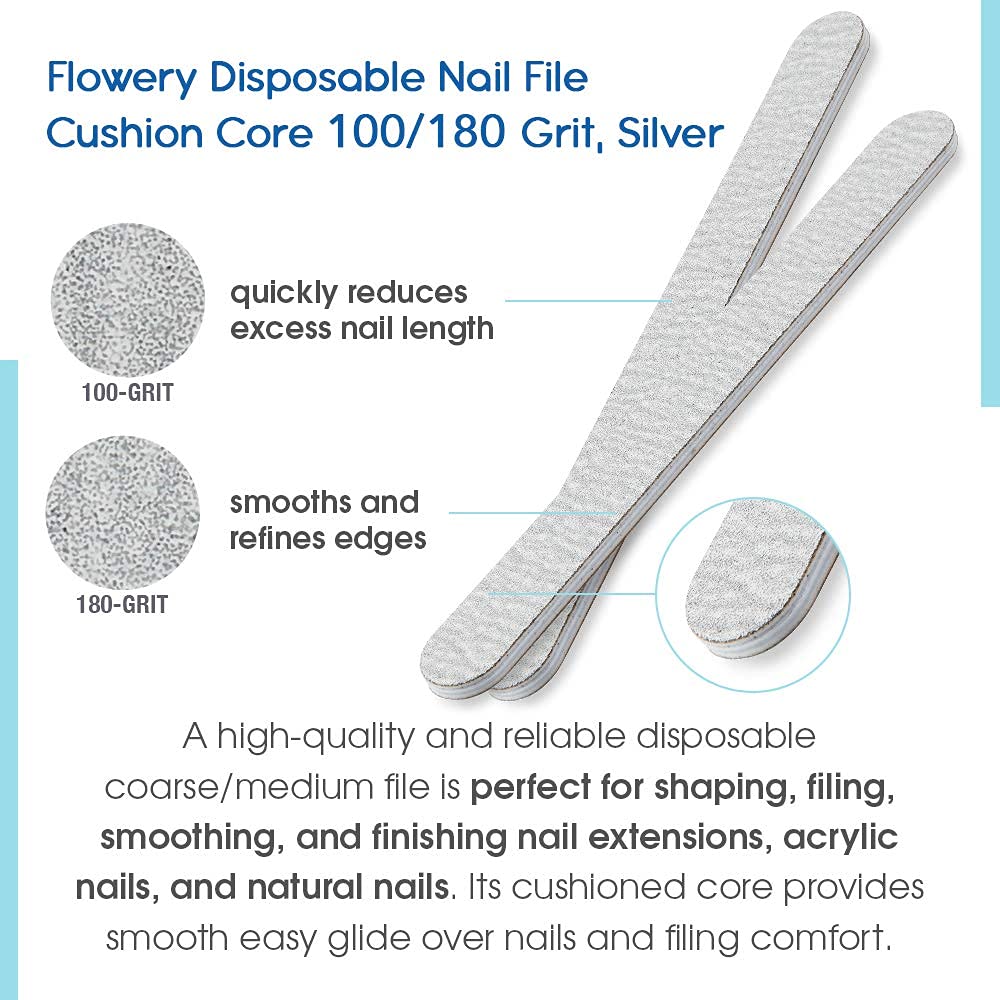 Flowery Nail File 100/180 Grit for Acrylic Nails, Double-Sided Nail Files, Disposable Emery Boards, Manicure Kit, Cushion Core, Silver, 100-Pack