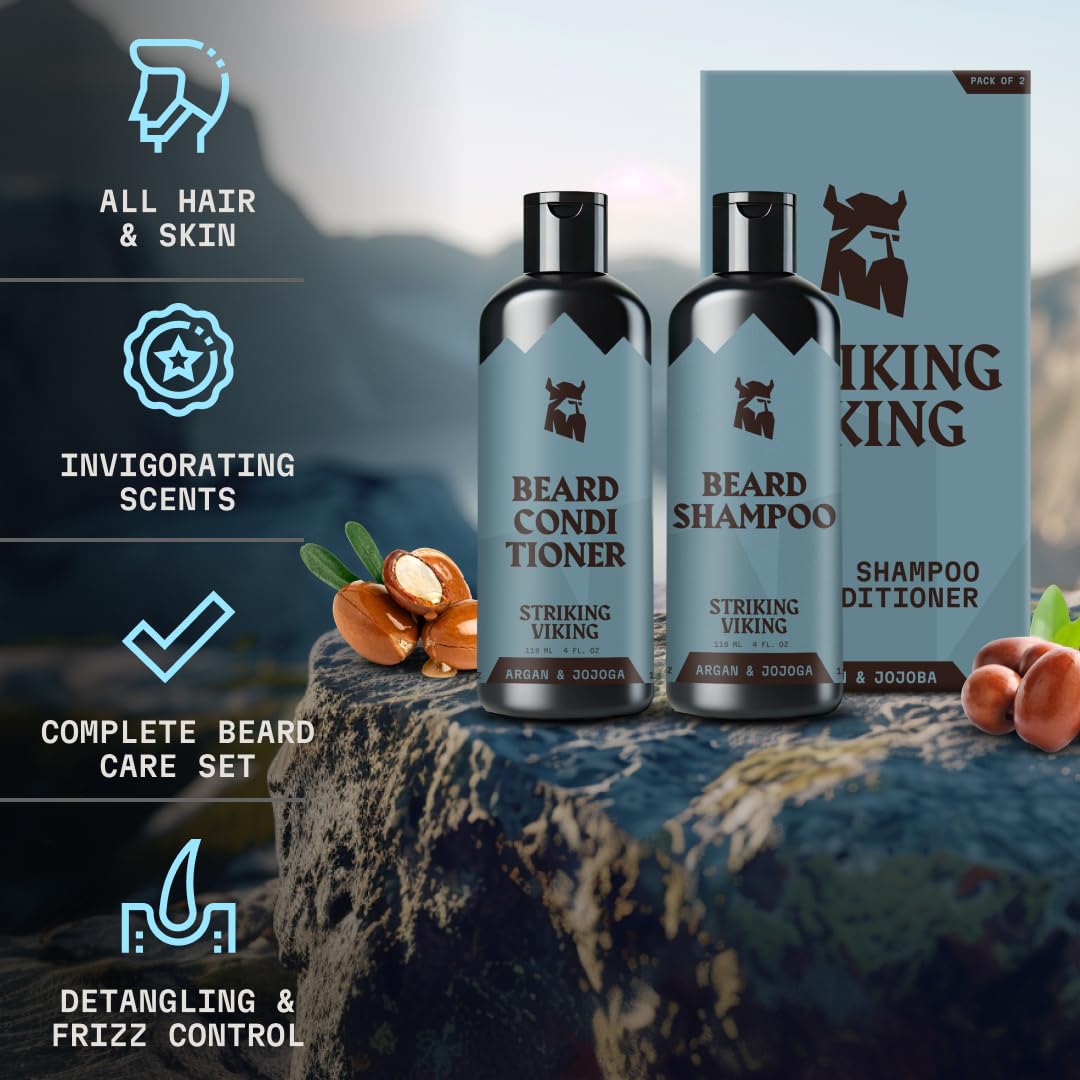Striking Viking Beard Shampoo and Conditioner Set - 4 Fl Oz Each, Fresh Masculine Scent - Beard Wash and Conditioner for Men - Cleanses & Softens