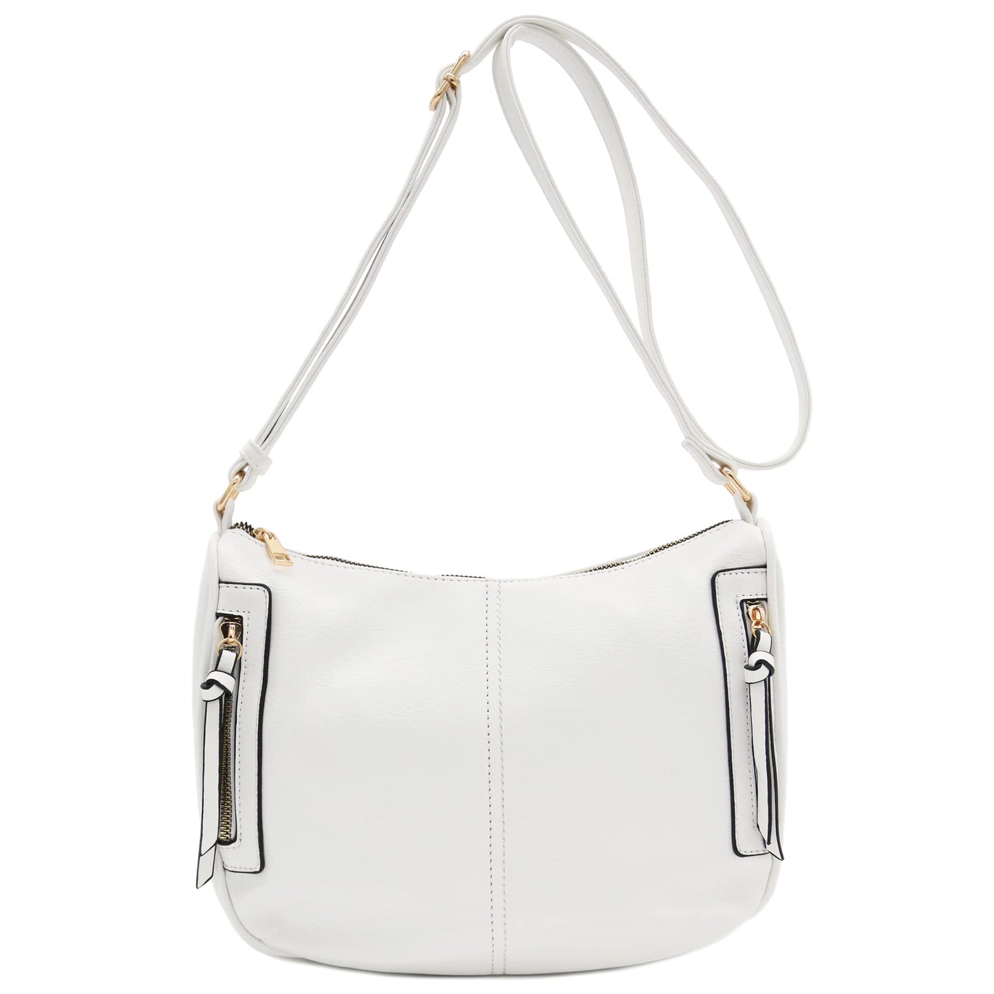 FashionPuzzle Faux Leather Two Front Zipper Pocket Crossbody Saddle Bag (White)