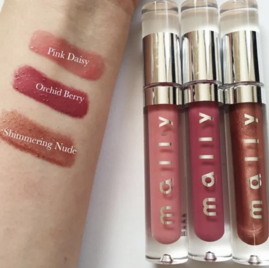 Mally H3 Lip Gloss Trio Gift Set - High-Shine Hydrating Lightweight - Shimmering Nude, Orchid Berry, Pink Daisy