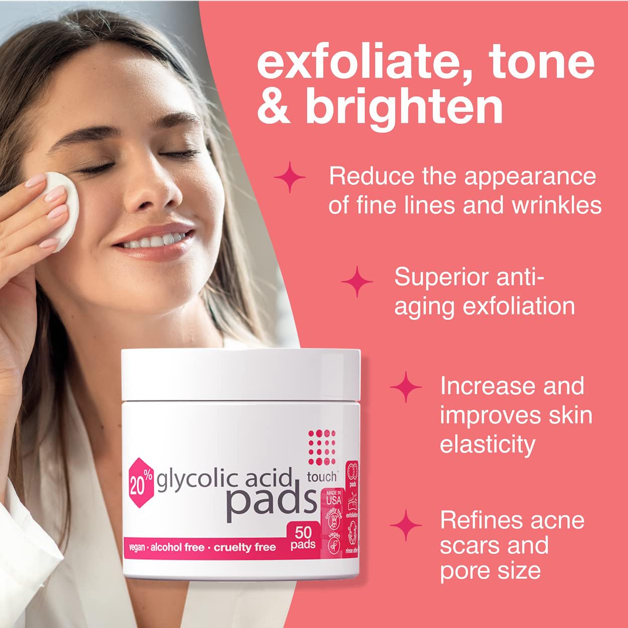 TOUCH 20% Glycolic Acid Pads Exfoliating And Resurfacing AHA Peel Face Wipes - Great for Dullness, Pores, Scars, Fine Wrinkles, Uneven Skin Tone