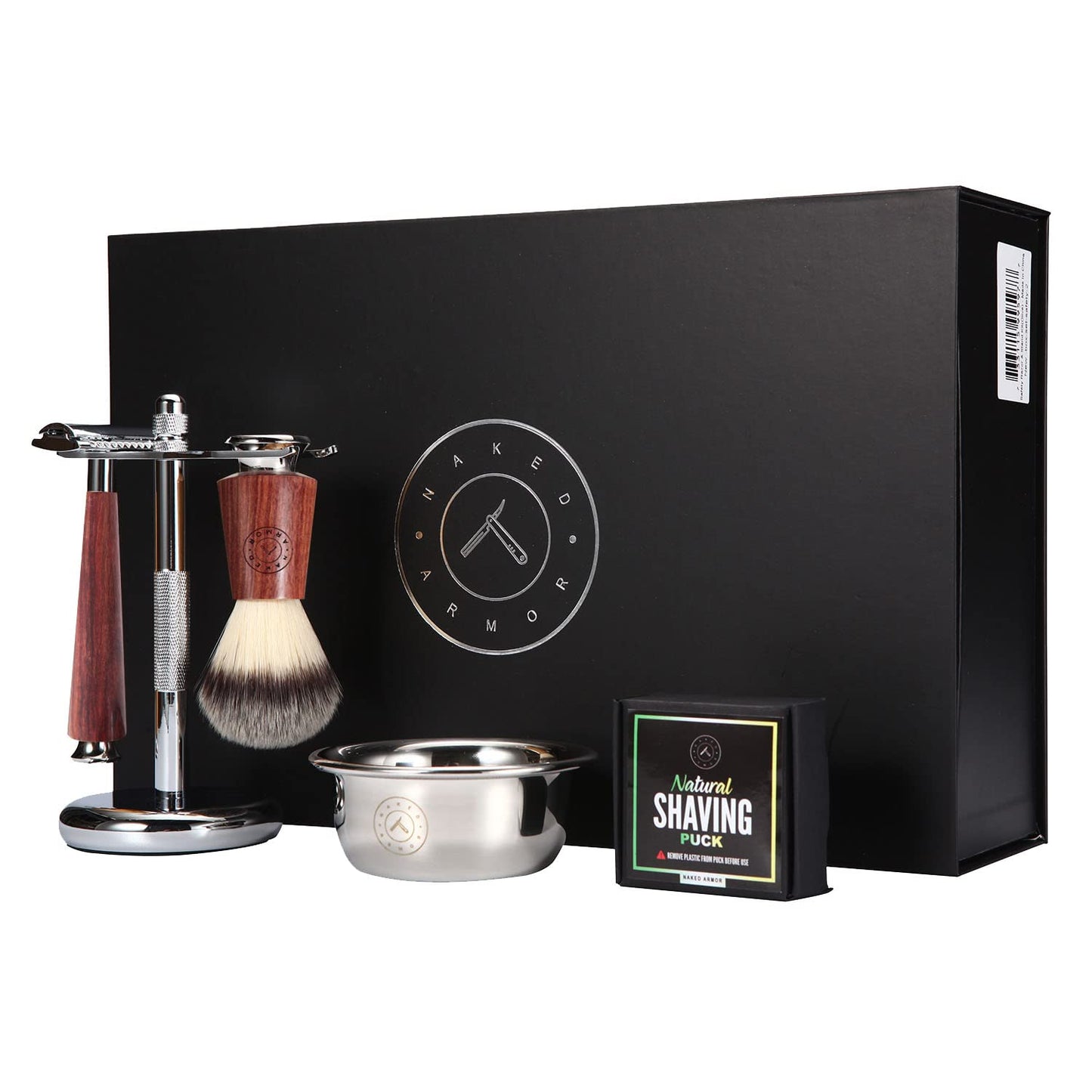 Naked Armor Safety Razor Set for Men - Mahogany Wood Double Edge Razor with Brush, Stand, Bowl, and Organic Soap, Complete Wet Shaving Gift Set Beauty and Personal Care Naked Armor