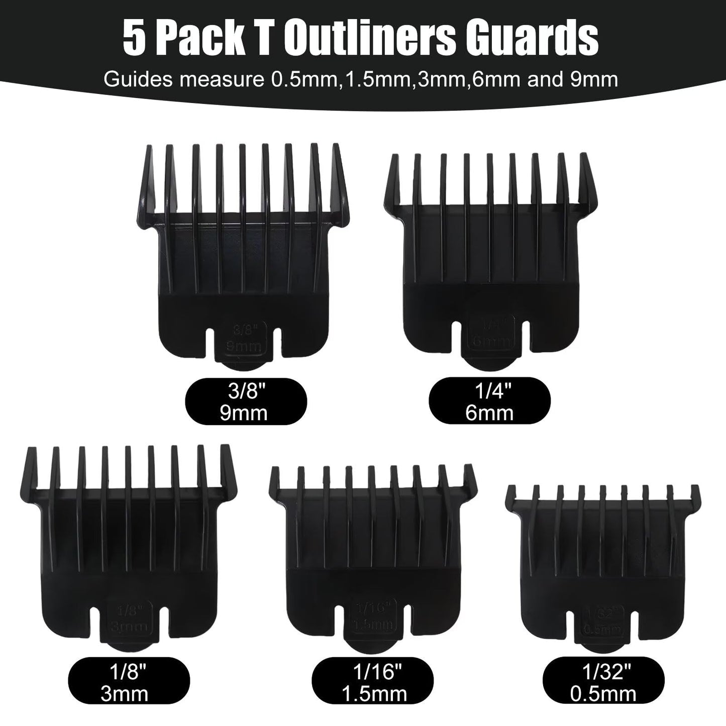 Xspeedonline 5 Size Trimmer Guards Set, Snap-On Combs for Andis 04710/#04521 Models, for Andis T Out-liner/for T Out-liner 2 Blade -1/32"-3/8", Black Beauty and Personal Care Xspeedonline