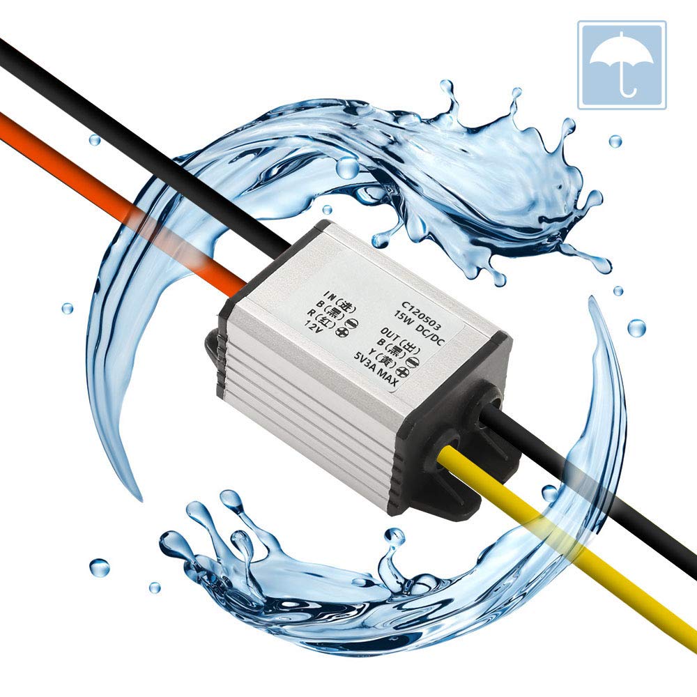 12V to 5V DC Converter – Waterproof 6.3-22V to 5V 3A 15W Step Down Voltage Regulator Buck Module for Car, Truck & Vehicle Power Supply
