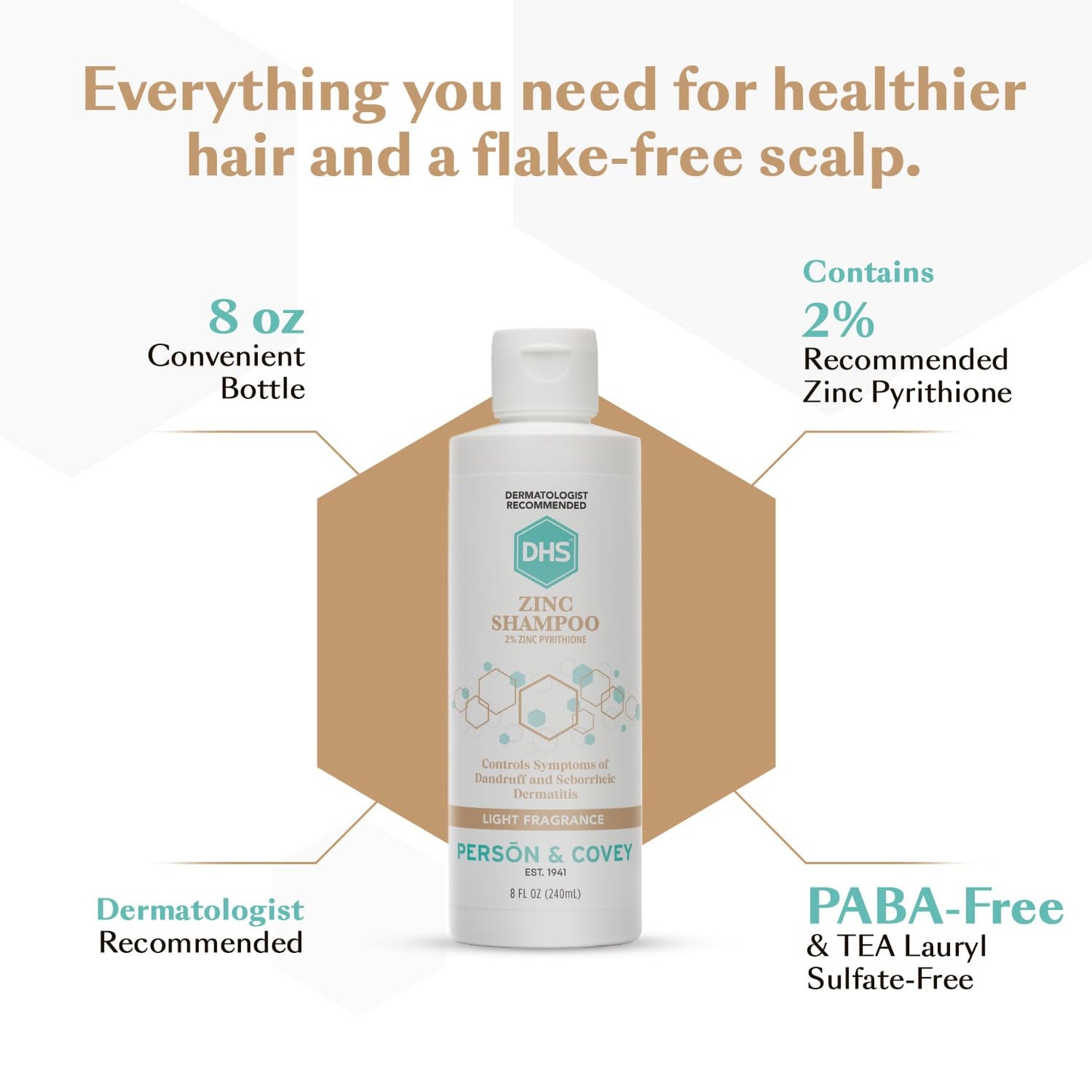 DHS Zinc Shampoo - Dandruff Shampoo - for Flaky and Dry Scalp with 2% Zinc Pyrithione, 8 oz