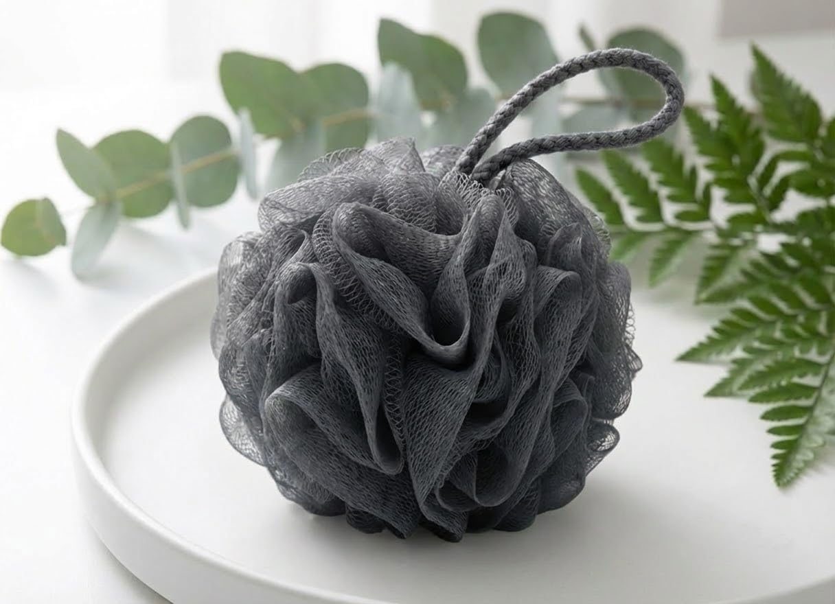 SPHTOEO Bath Shower Sponge Loofah - Extra Rich Lather Body Sponge for Shower, Soft & Comfortable Bath Pouf for Gentle Daily Cleansing?Gray (White