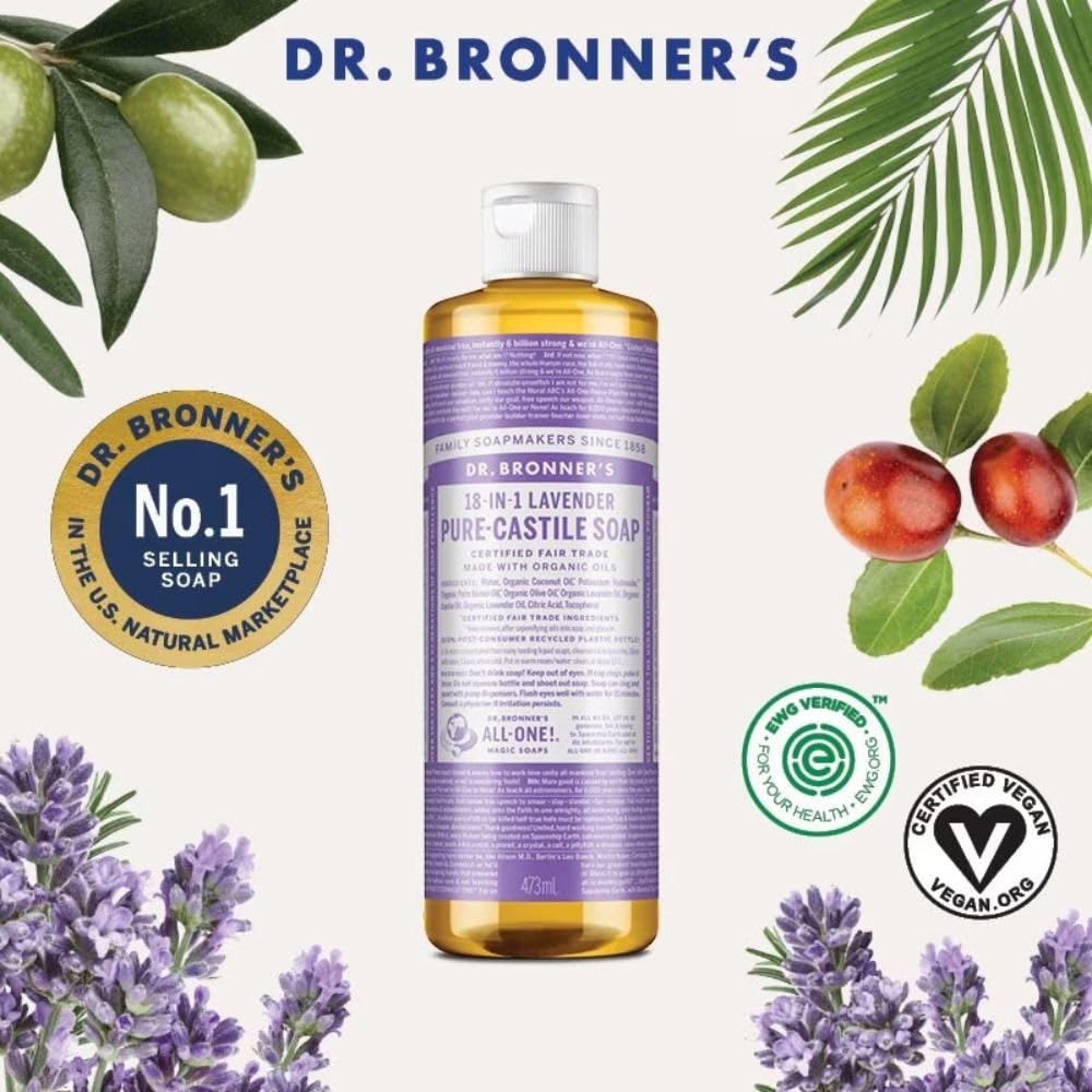 Dr. Bronner's - Pure-Castile Liquid Soap (Lavender, 16 ounce) - Made with Organic Oils, 18-in-1 Uses: Face, Body, Hair, Laundry, Pets & Dishes