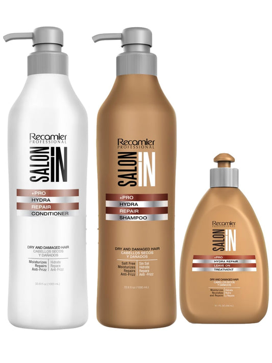 Salon In by Recamier | Hydra Repair Kit - Shampoo, Conditioner (33.8 fl oz Each) & Leave-In (10.1 fl oz) | Dry And Damaged Hair