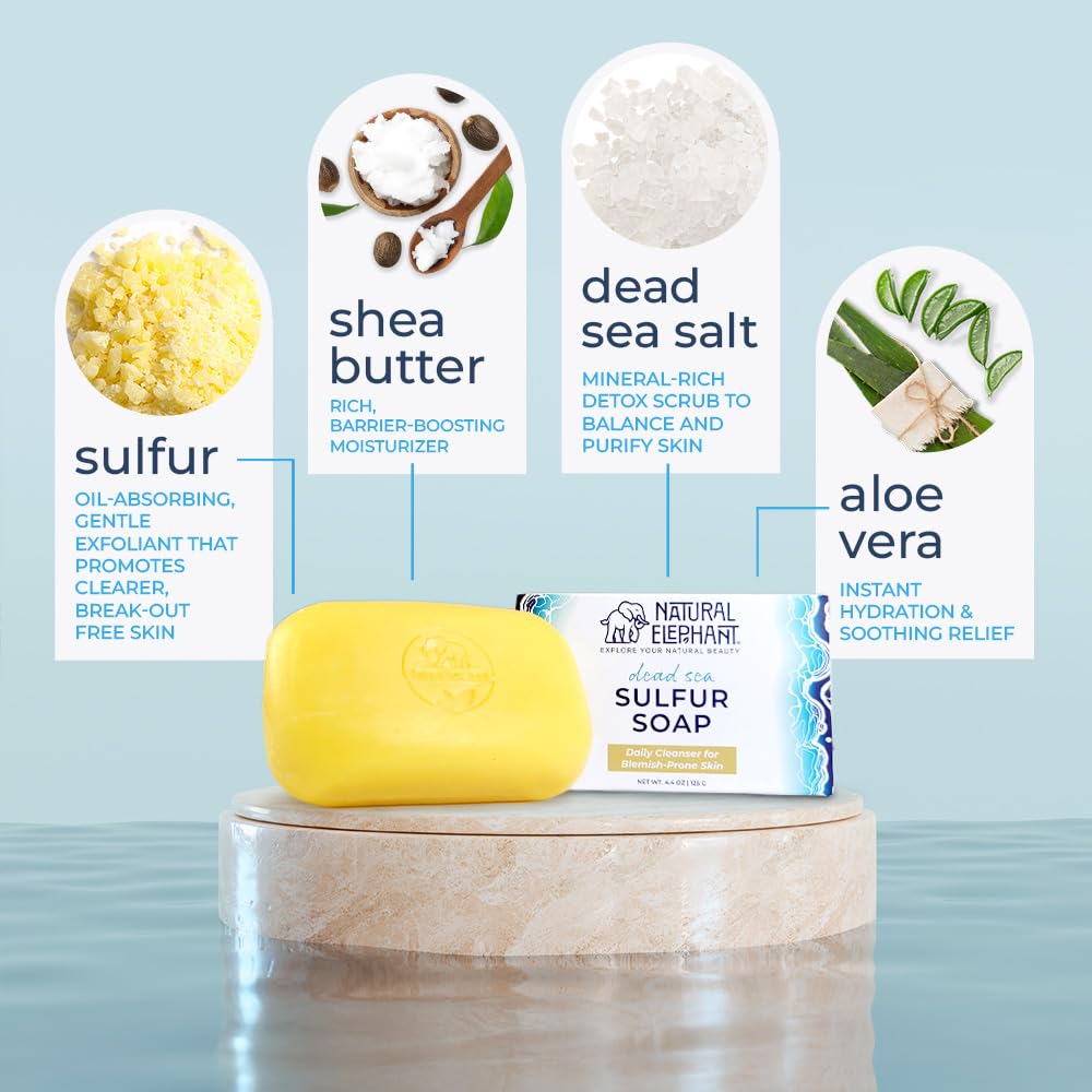 Natural Elephant Dead Sea Sulfur Soap 4.4 oz with Dead Sea Salt, Aloe Vera, Sulphur Face and Body Cleanser Bar for All Skin Types (2 Pack (2 4.4 Ounce