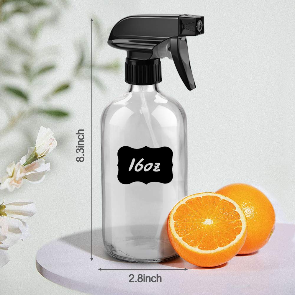 Worldgsb Glass Spray Bottles, 16oz Refillable Containers, Empty Boston Round Bottles with Labels & Adjustable Nozzle for Cleaning, Gardening Beauty and Personal Care Worldgsb