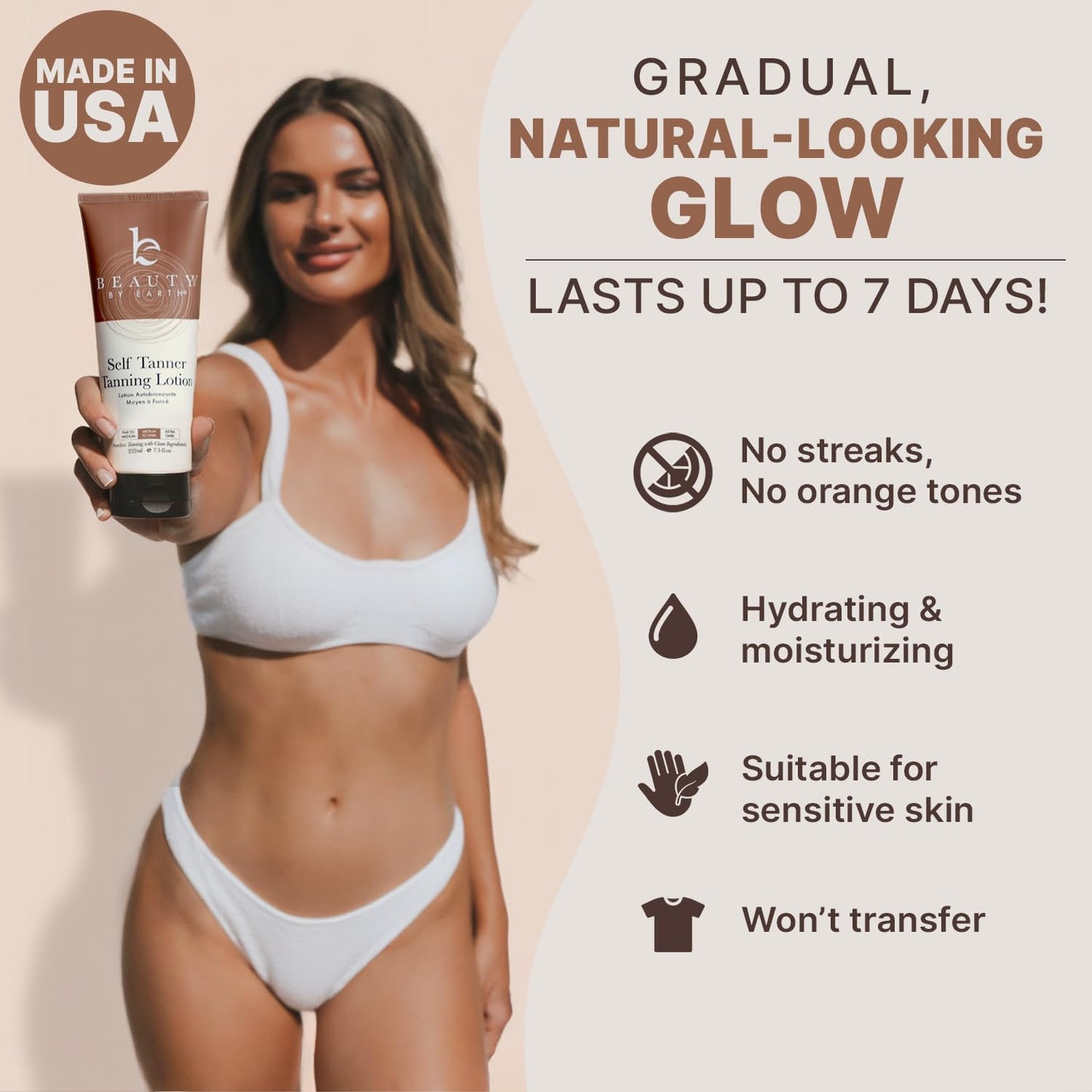 Beauty by Earth Self Tanner - USA Made with Natural & Organic Ingredients, Moisturizing Self Tanning Lotion with Aloe Vera & Coconut for a Natural