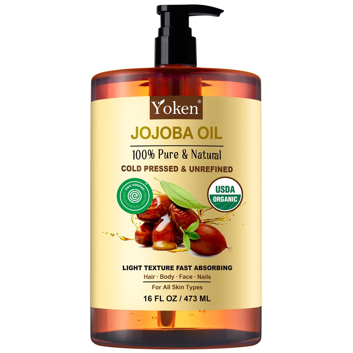 Yoken Organic Jojoba Oil 16oz, USDA Certified Cold Pressed for Skin Care Beauty and Personal Care Yoken
