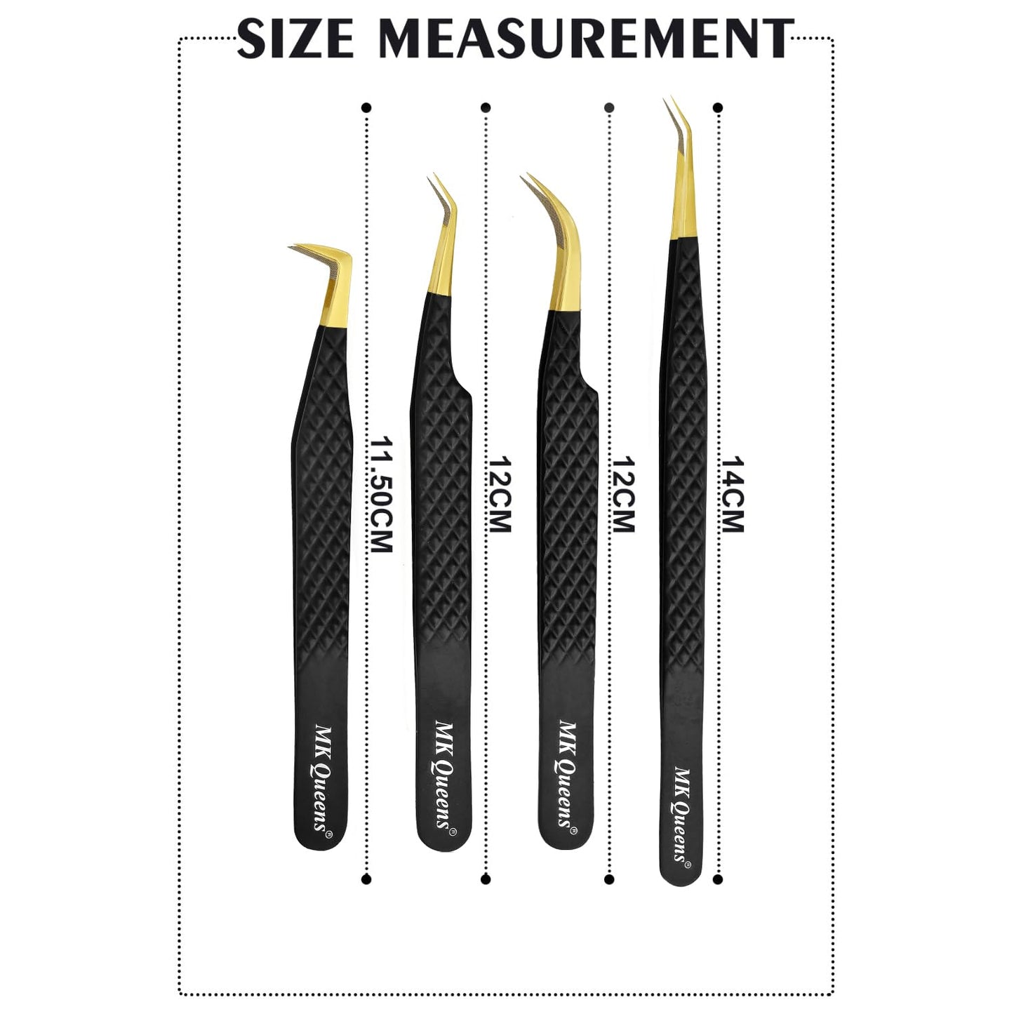 MK Queens Lash Tweezers - Stainless Steel Fiber Tip Eyelash Tweezers (Set of 4) - Diamond Grip Professional Lash Tweezers for Eyelash Extensions