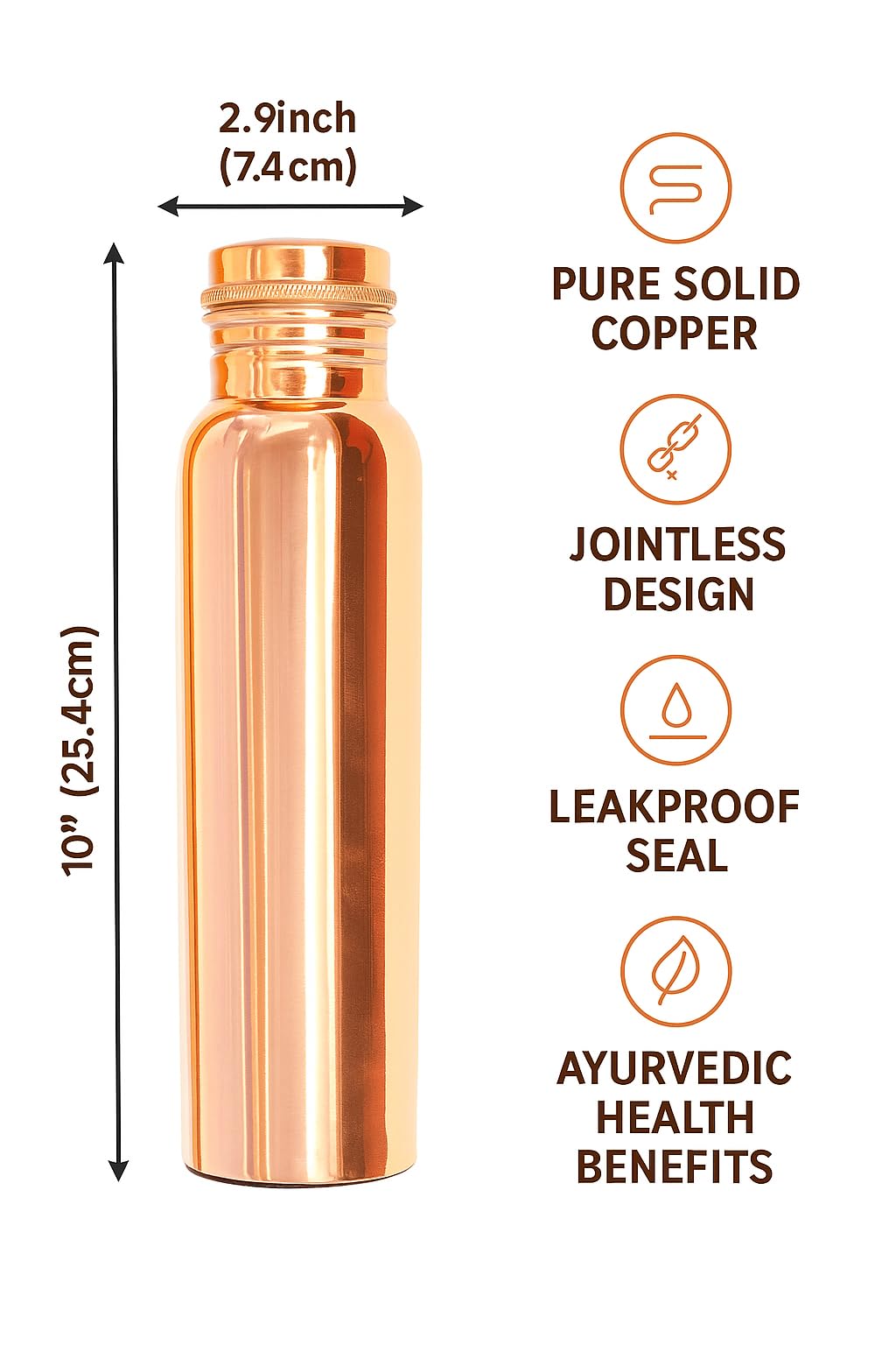 Copper Water Bottle 32oz (11” Tall x 3” Diameter) - 100% Pure Copper, Leak-Proof Cap, Handcrafted Ayurvedic Drinking Vessel for Daily Hydration