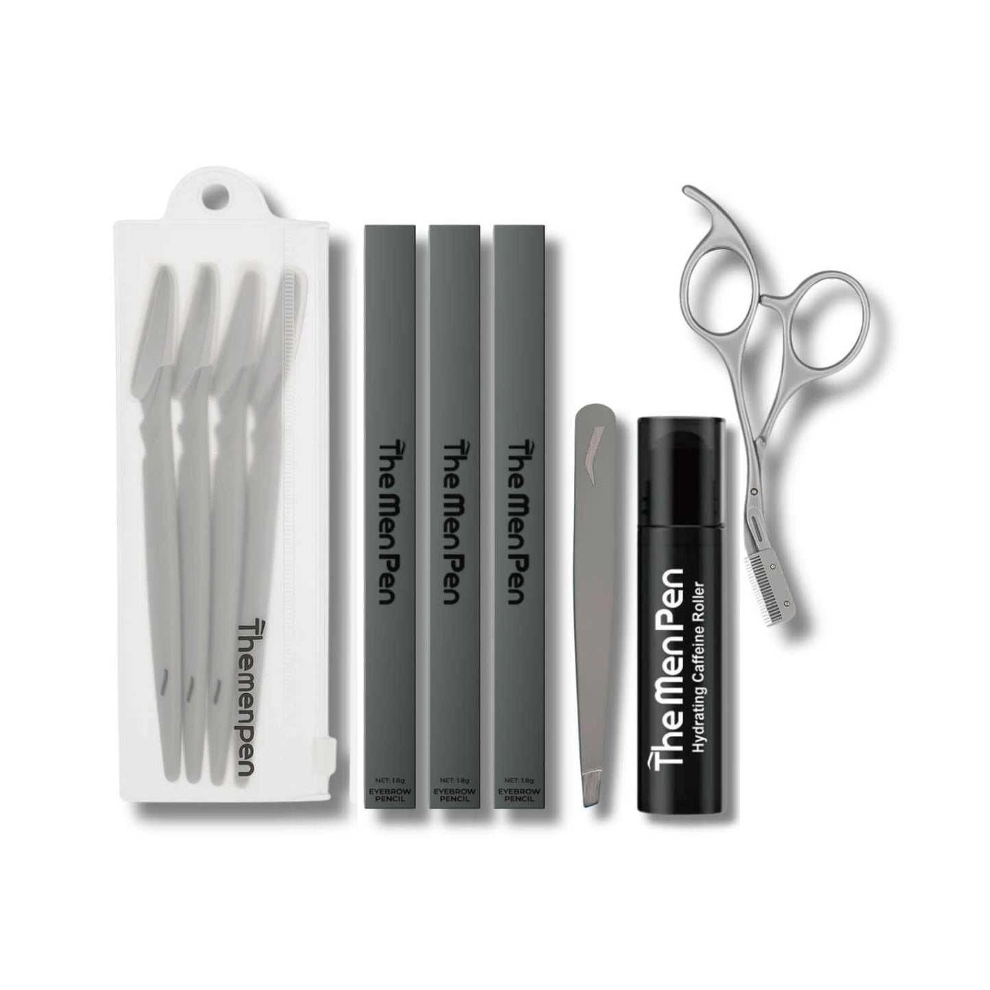 The Men Pen Complete Eyebrow + Hydrating Grooming Kit for Men | Scissors, Hydrating Caffeine Roller, Tweezers, Razors & 3 Eyebrow Filler Pens