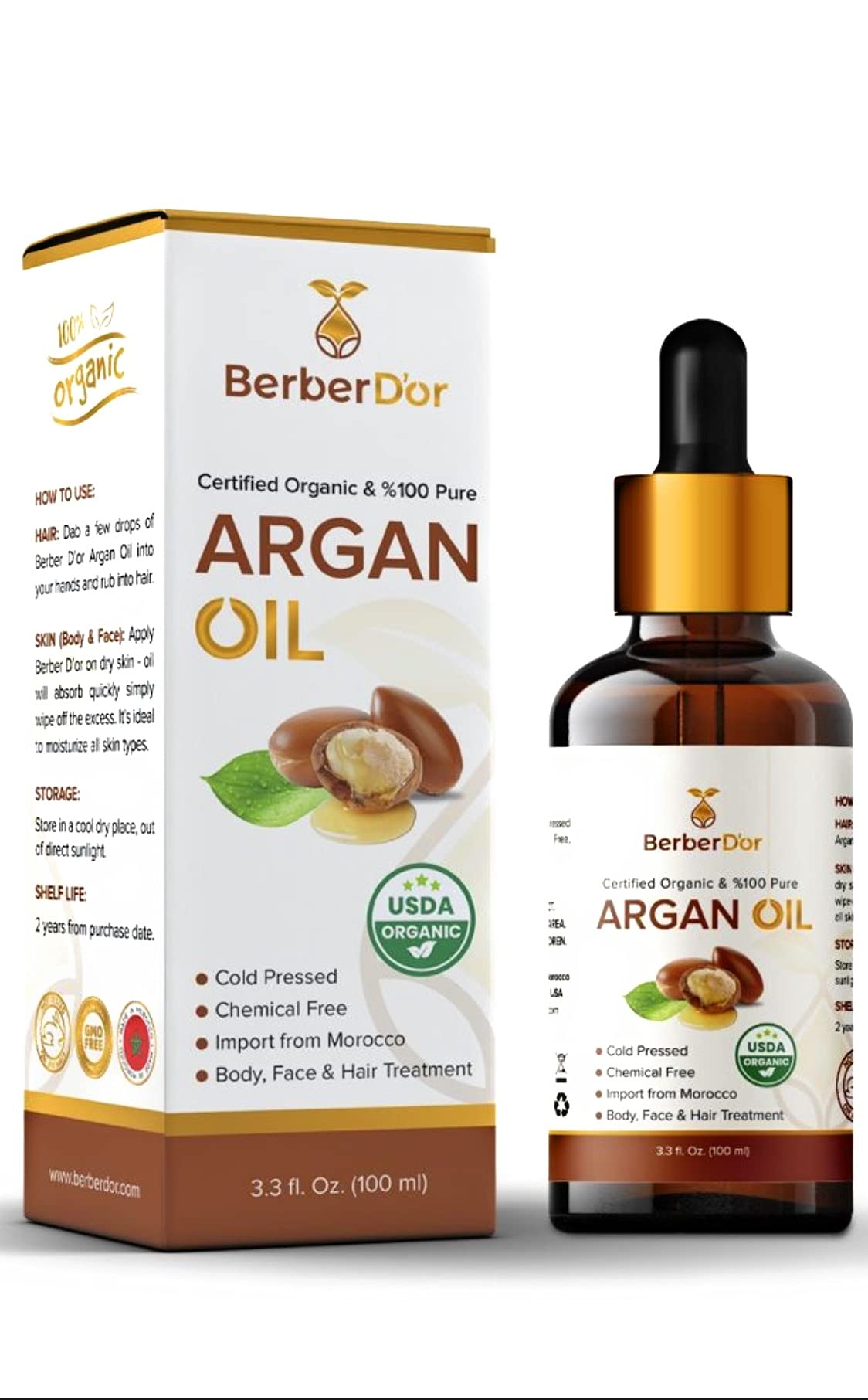 Berber D’Or 100 Pure Natural Organic Argan Oil For Body, Hair, Face, Nails | Eco-Certified, USDA Approved Import From Morocco (3.4 FL OZ 100 ML)