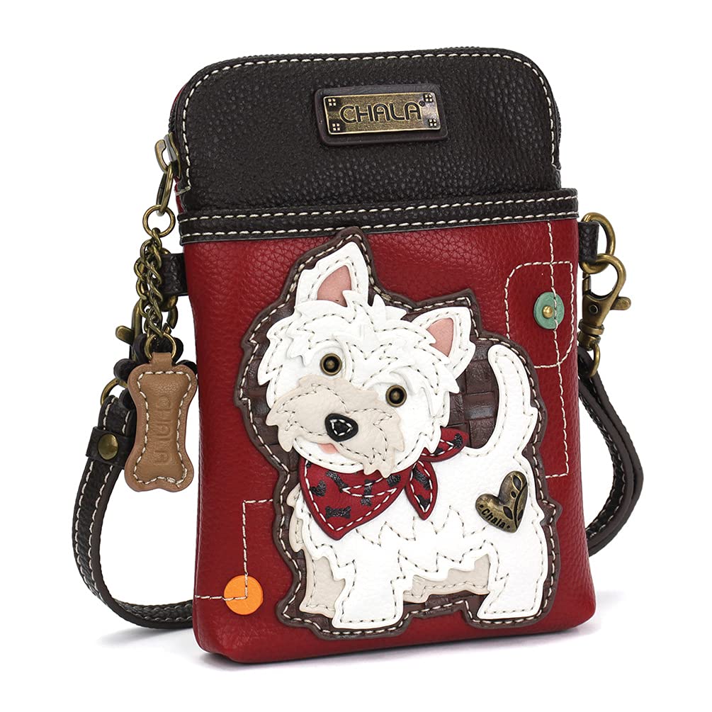 CHALA Dog Collection Cell Phone Crossbody Purse-Women PU Leather/Canvas Multicolor Handbag with Adjustable Strap - Westie - burgundy