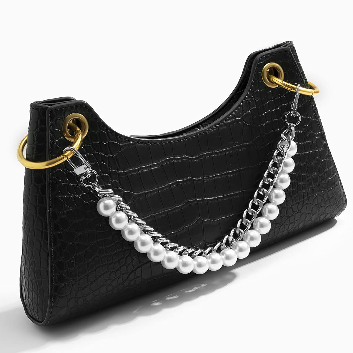 Xerling Short Pearl Bead Purse Handle Chain Heavy Chunky Cuban Handbag Chain Purse Replacement Strap Layered Bag Decoration Accessories Women (Silver)