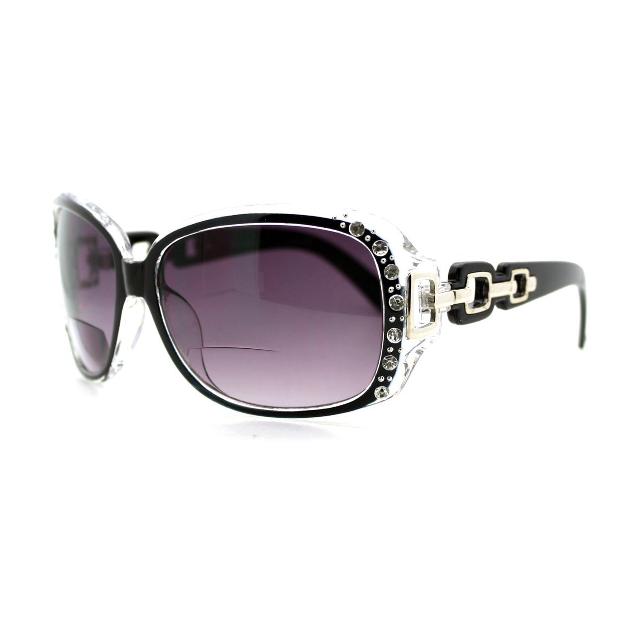 Womens Bifocal Lens Sunglasses Oversized Square Rhinestone Frame Black +2.00