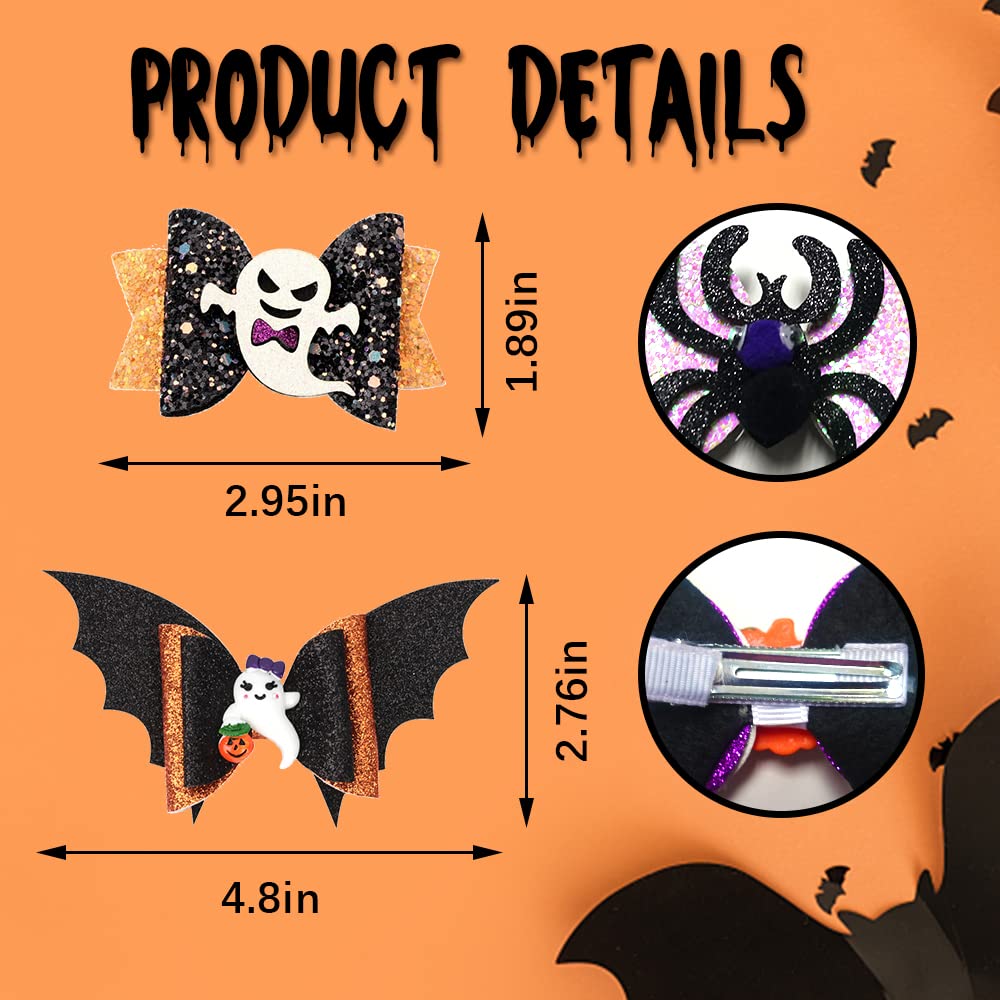 4 Pcs Halloween Hair Bows, Glittering Ghost Spider Hair Clips for Girls, Spider Hair Bows for Woman, Pumpkin Hairpins for Kids, Cartoon Halloween Hair