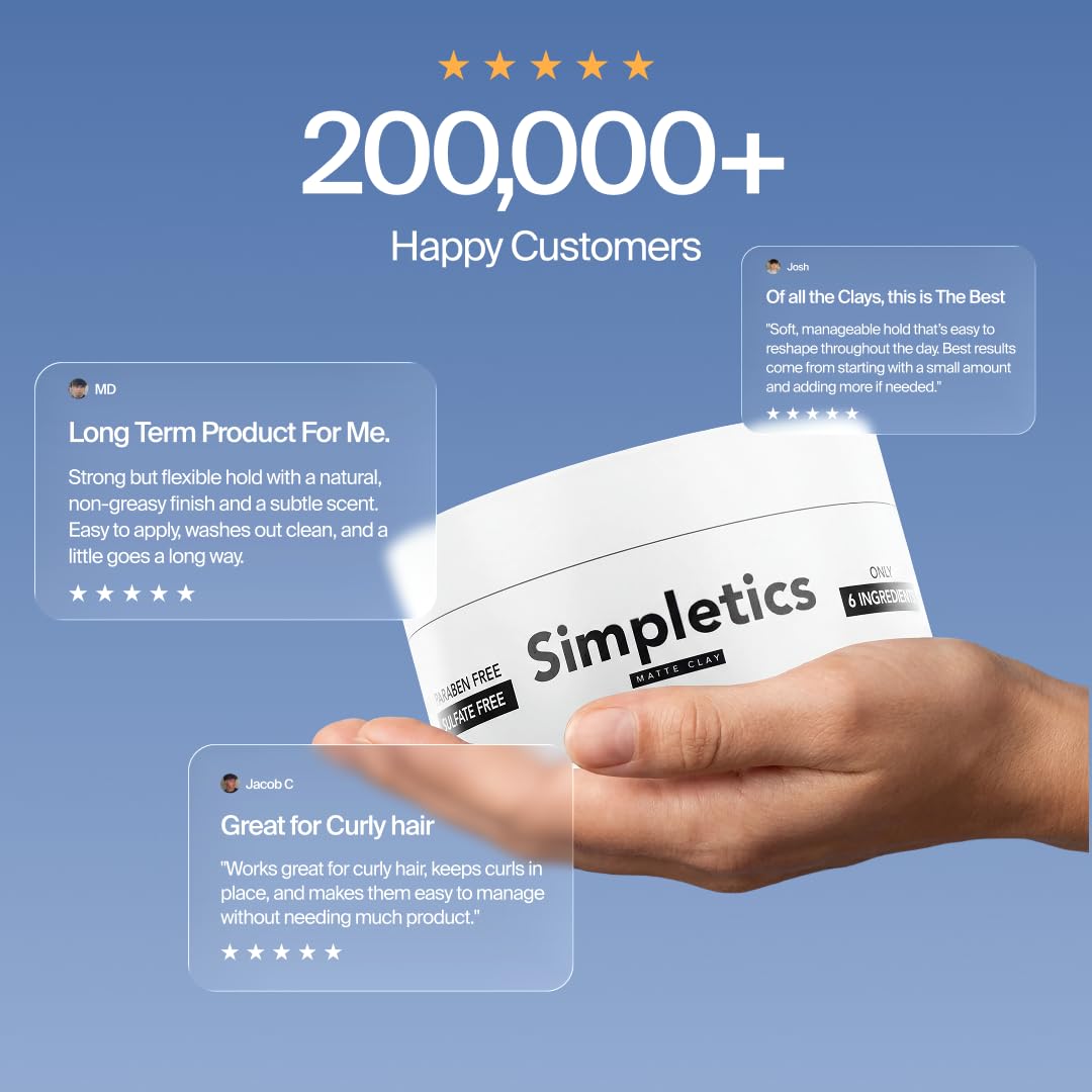 Simpletics Hair Clay for Men (Vanilla Scent) - Natural 6 Ingredient Matte Styling Clay with Beeswax & Coconut Oil - Strong Hold, Water Based