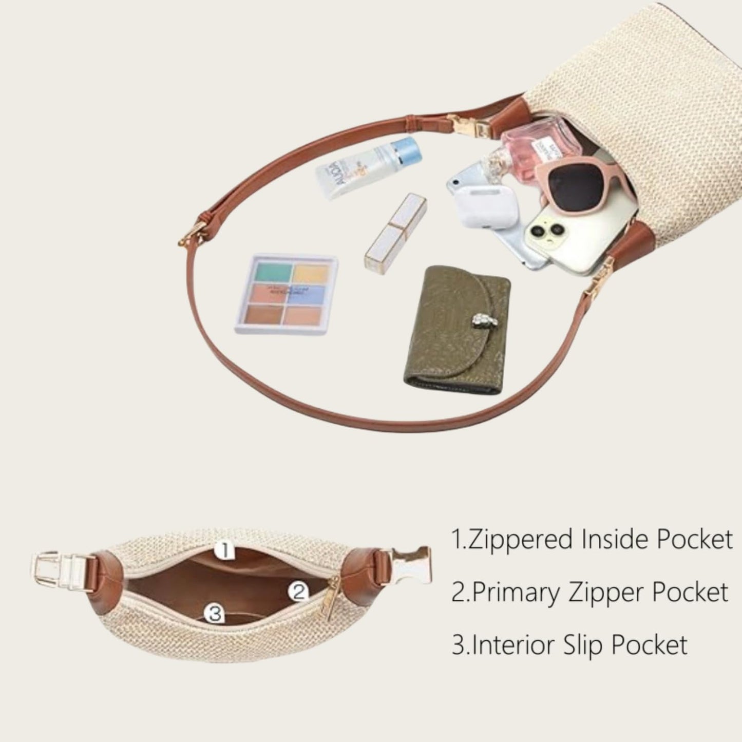 Straw Crossbody Bag for Women, Summer Raffia Handbag Top Handle Woven Tote Purse Vacation Handmade Bucket Clutch Bag (Beige Black)