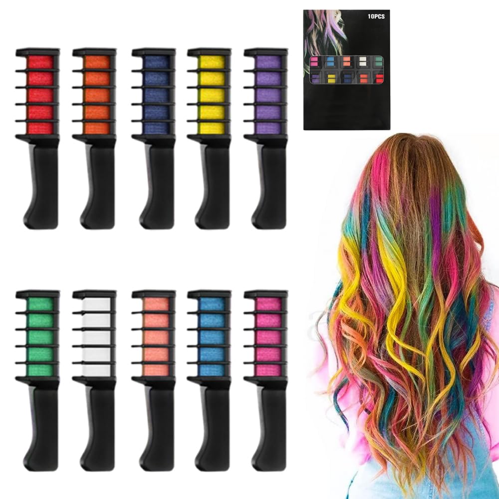 Vibrant 10 Color Hair Chalk Combs with Glitter, Temporary & Washable Hair Dye for Teens, Party, Halloween, Christmas Gift (10 Colors)