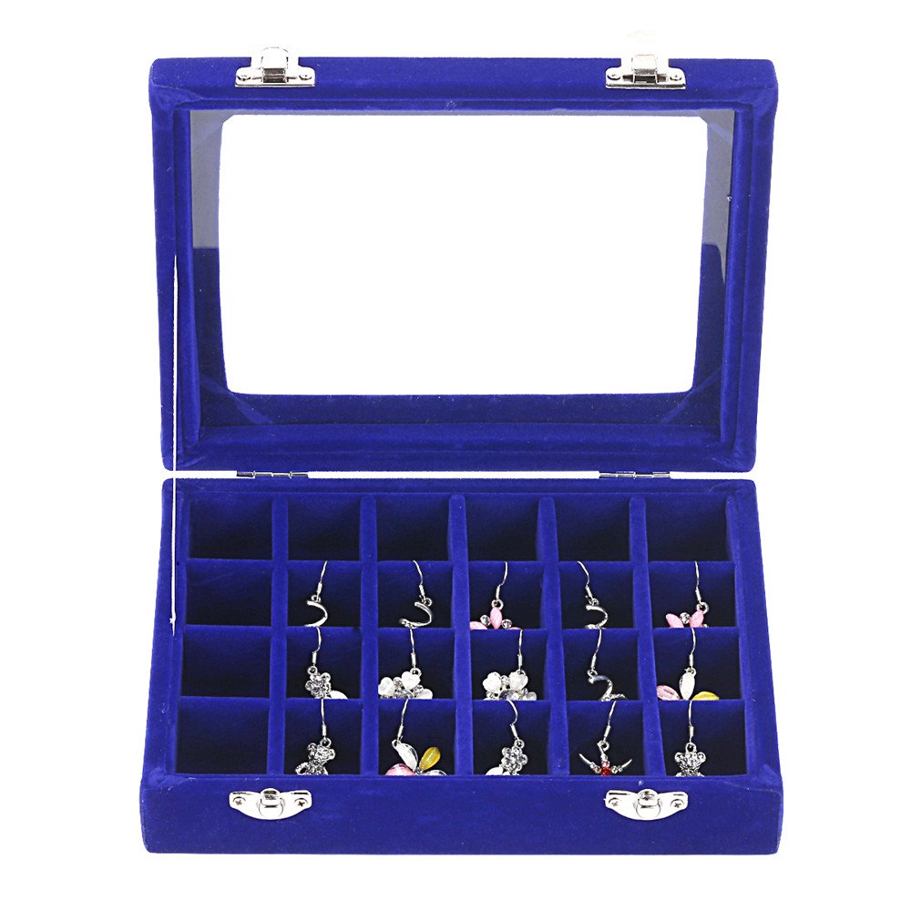 MeJell 24 Slot Velvet Glass Jewelry Box Organizer Rings Earrings Tray Display Storage Case