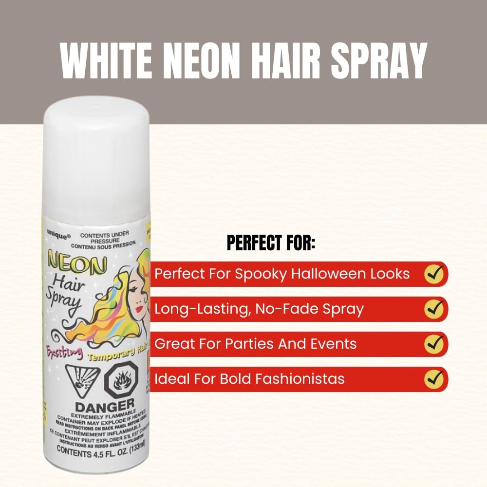 White Neon Hair Spray, Easy to Apply & Wash Out - Perfect for Parties & Events - 3.17 fl Oz