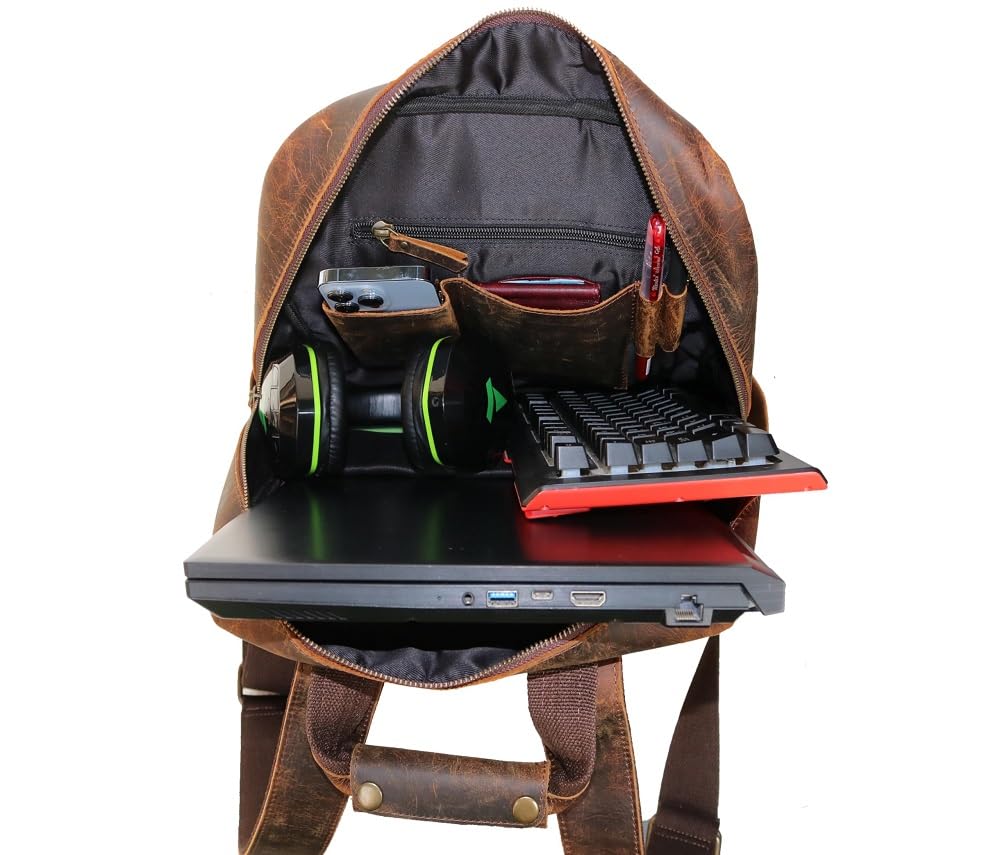 Jaald Leather Laptop Backpack Rucksack Multipocket Full Grain Leather Gaming Laptop Bag School Daypack For Men Anti-Theft Pocket Brown