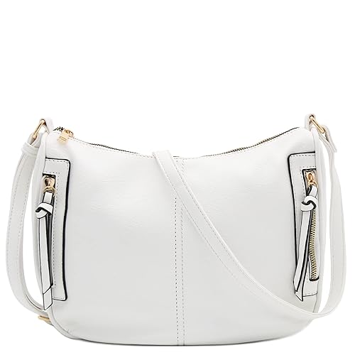 FashionPuzzle Faux Leather Two Front Zipper Pocket Crossbody Saddle Bag (White)