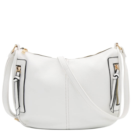 FashionPuzzle Faux Leather Two Front Zipper Pocket Crossbody Saddle Bag (White)