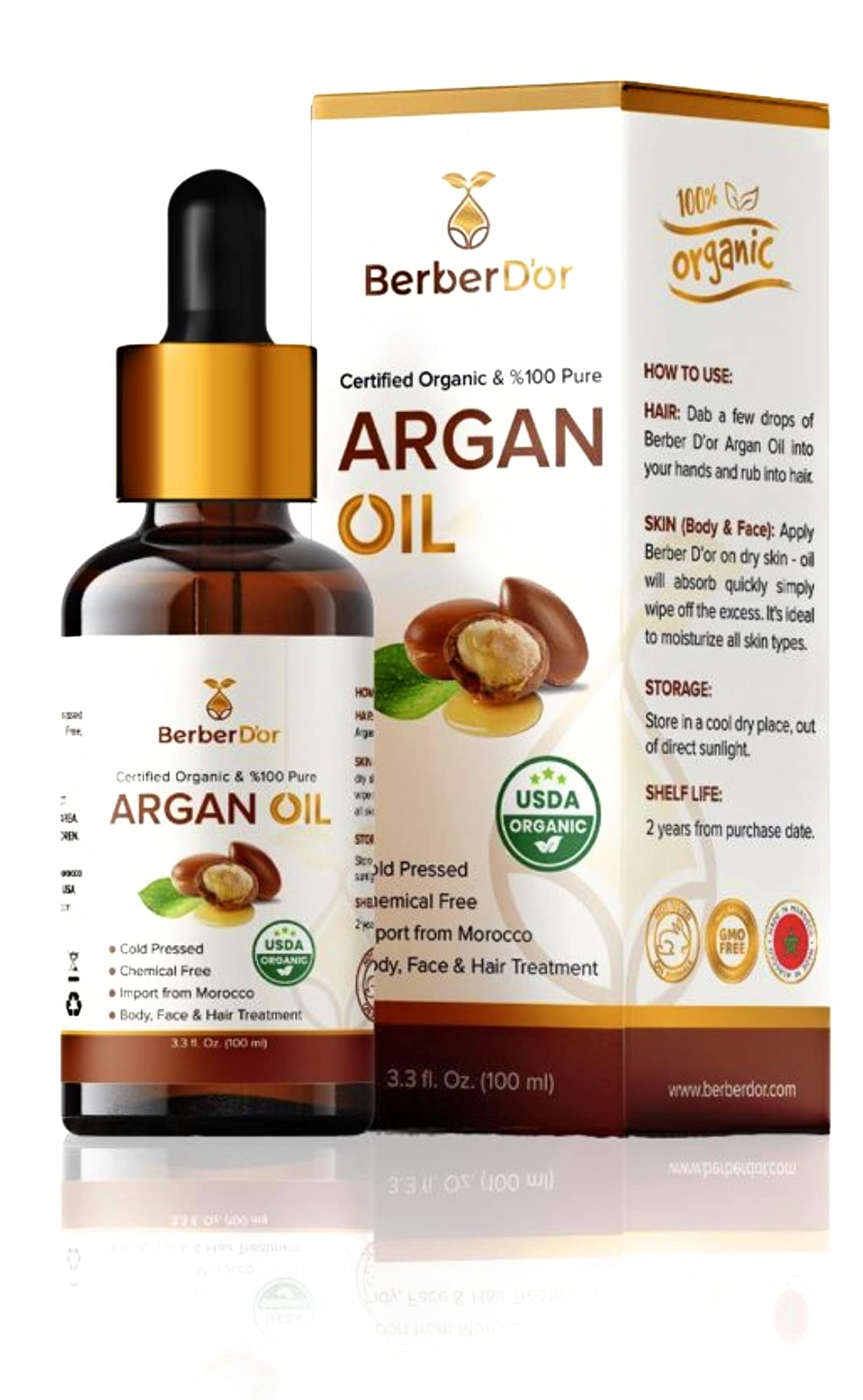 Berber D’Or 100 Pure Natural Organic Argan Oil For Body, Hair, Face, Nails | Eco-Certified, USDA Approved Import From Morocco (3.4 FL OZ 100 ML)