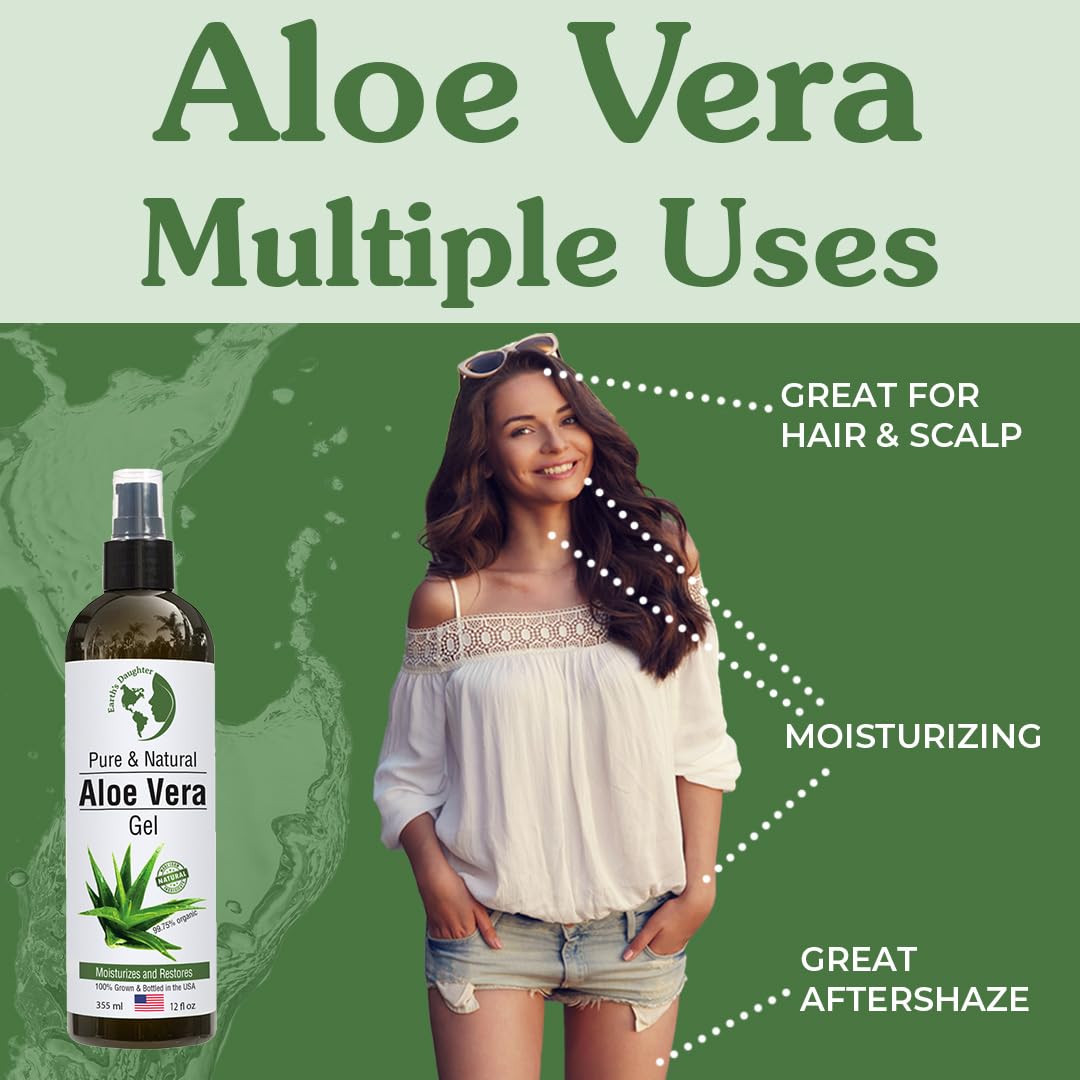 Earth's Daughter Organic Aloe Vera Gel from 100% Pure and Natural Cold Pressed Aloe - Moisturizes - Great for Face - Hair- Sunburn - Aftershave - Bug