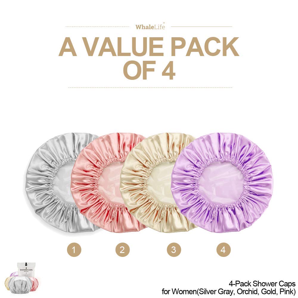 Shower Cap for Women Reusable Extra Large Shower Caps for Men Satin Double Layer EVA Waterproof Long Hair Caps(Silver Gray, Orchid, Gold, Pink 4 Pack)