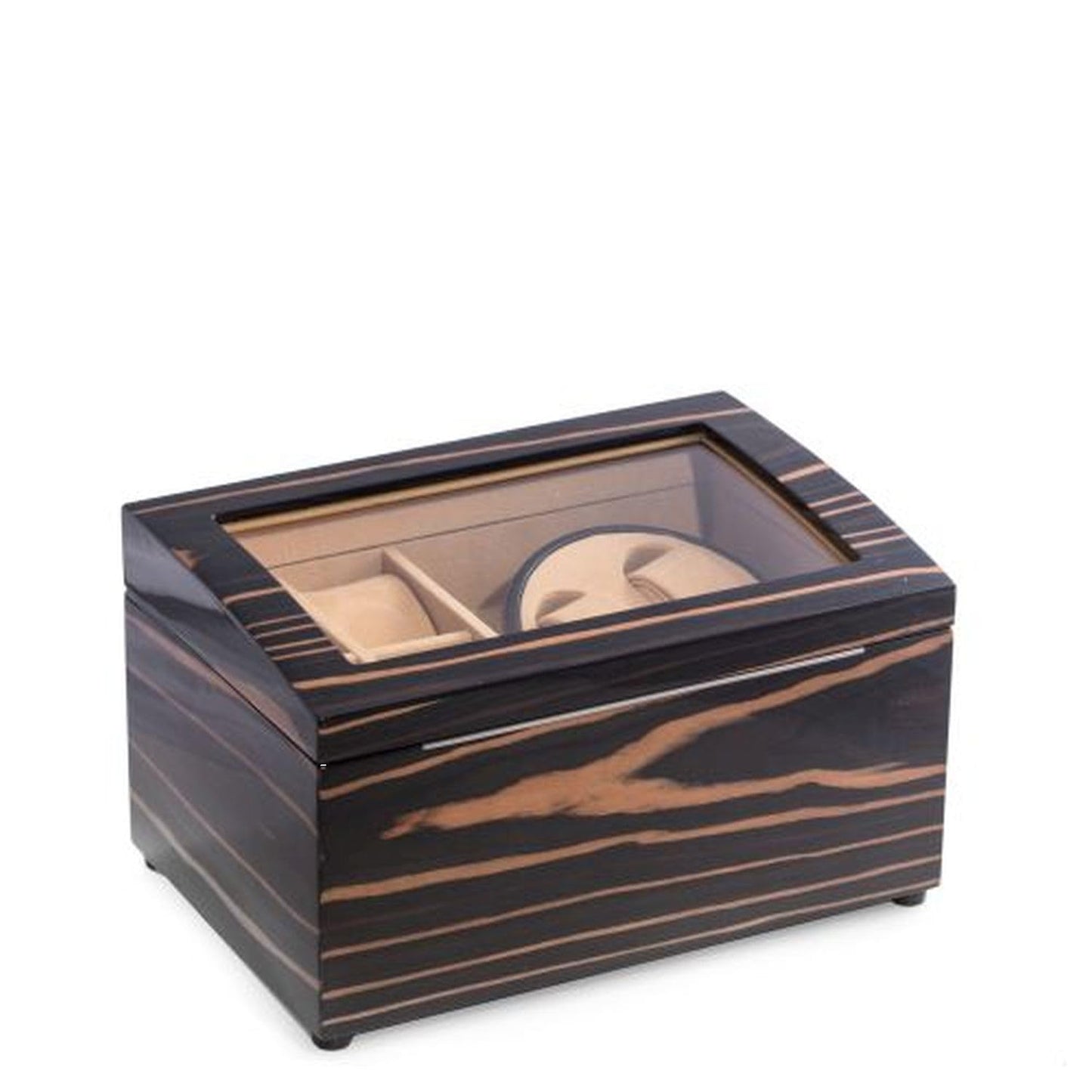 Bey-Berk BB621EBN Lacquered Ebony Burl Wood 2 Winder with Storage for 4 Watches, Glass Top, Velour Lined, Brown