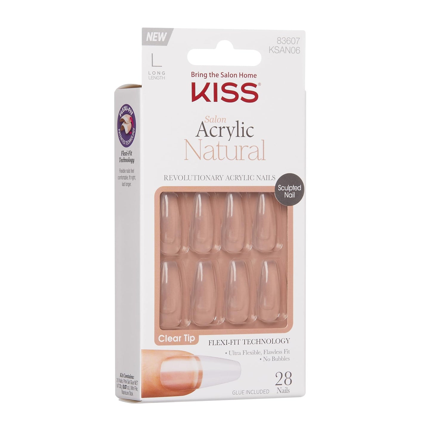 KISS Salon Acrylic Natural Nails, Clear Tip, Long, Ultra-Smooth Finish, DIY At-Home Manicure Kit with Pink Gel Nail Glue, Mini File, Manicure Stick