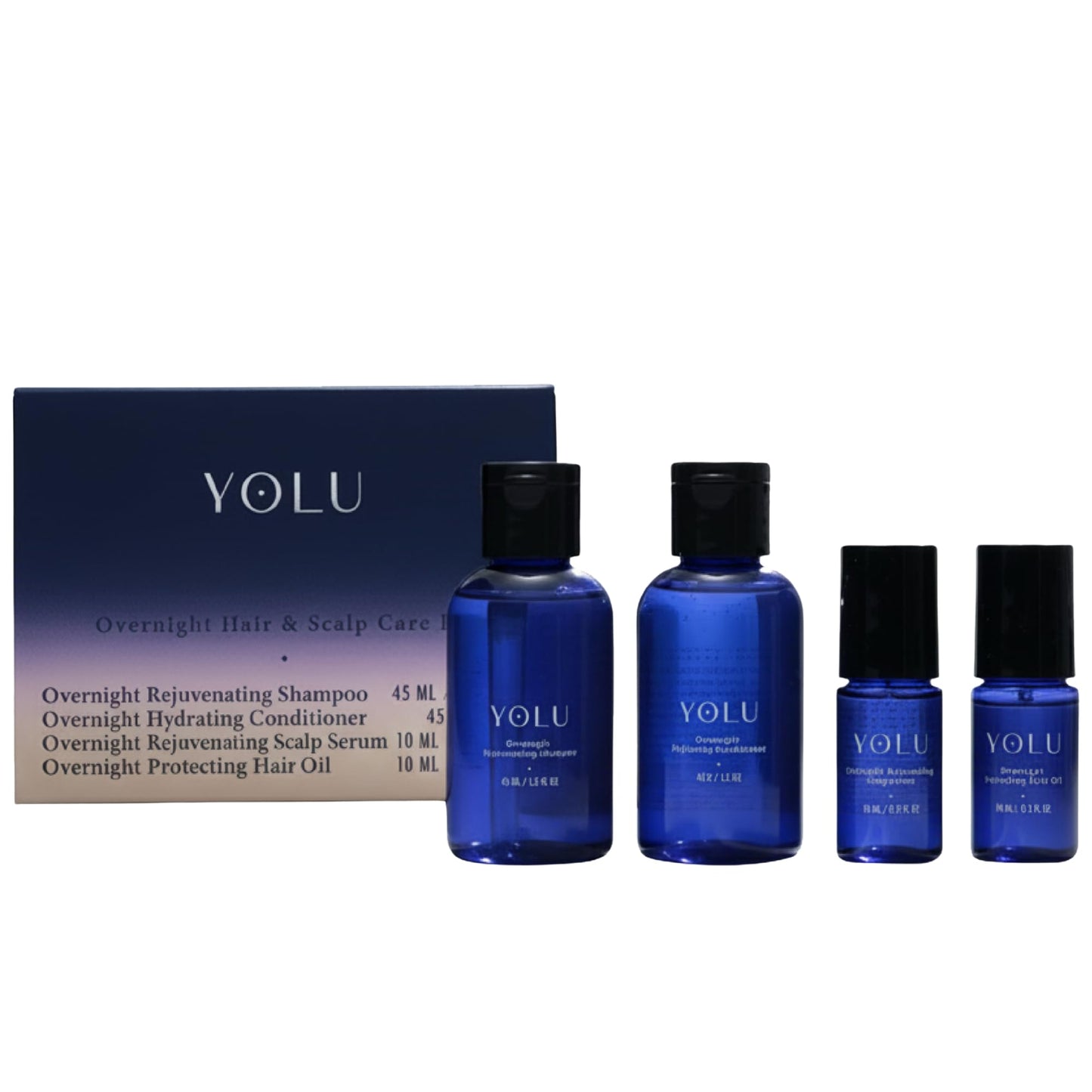 YOLU - Travel Size Hair Care Kit - Japanese Hair Care Starter Kit - Overnight Scalp Serum, Hair Oil, Shampoo & Conditioner - Travel Toiletries - Gift