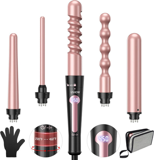 USHOW Curling Iron, Curling Wand Set, Instant Heat Up Hair Curler with Interchangeable Tourmaline Ceramic Barrels (0.5" to 1.25"), Adjustable