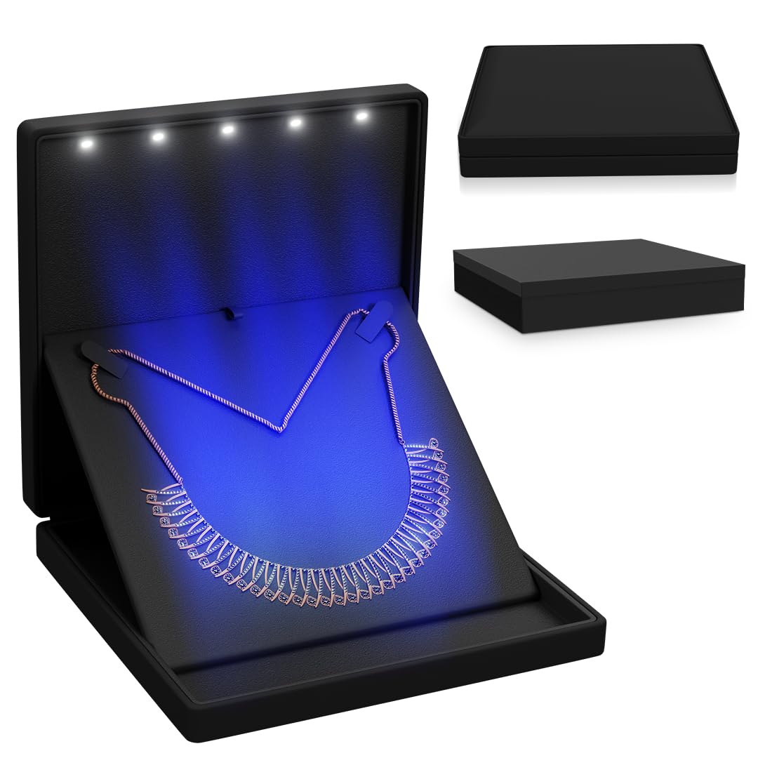 YJCBOX Elegant LED Light Necklace Box - Luxury Gift Holder for Jewelry, Weddings, Anniversaries, and Storage (Black)