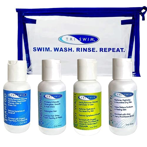 TRISWIM Shot Set in Travel Bag | 2oz Travel Size Chlorine Removal Shampoo, Swimmer’s Conditioner, Swim Body Wash and Lotion | Removes Chlorine