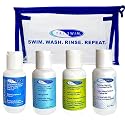 TRISWIM Shot Set in Travel Bag | 2oz Travel Size Chlorine Removal Shampoo, Swimmer’s Conditioner, Swim Body Wash and Lotion | Removes Chlorine