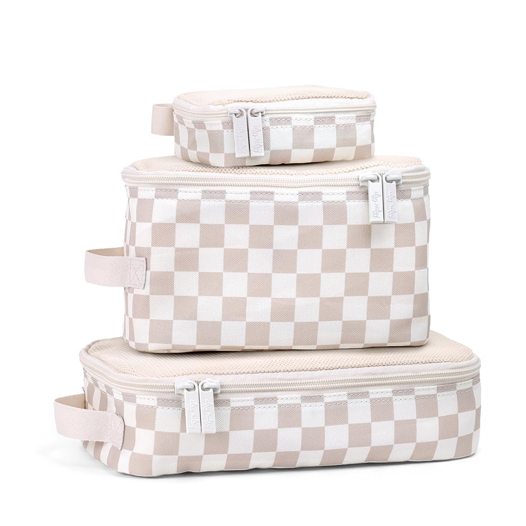 Itzy Ritzy Packing Cubes 3-Pack – Travel Organizers with Mesh Top, Double Zippers & Fabric Handle, Checkerboard