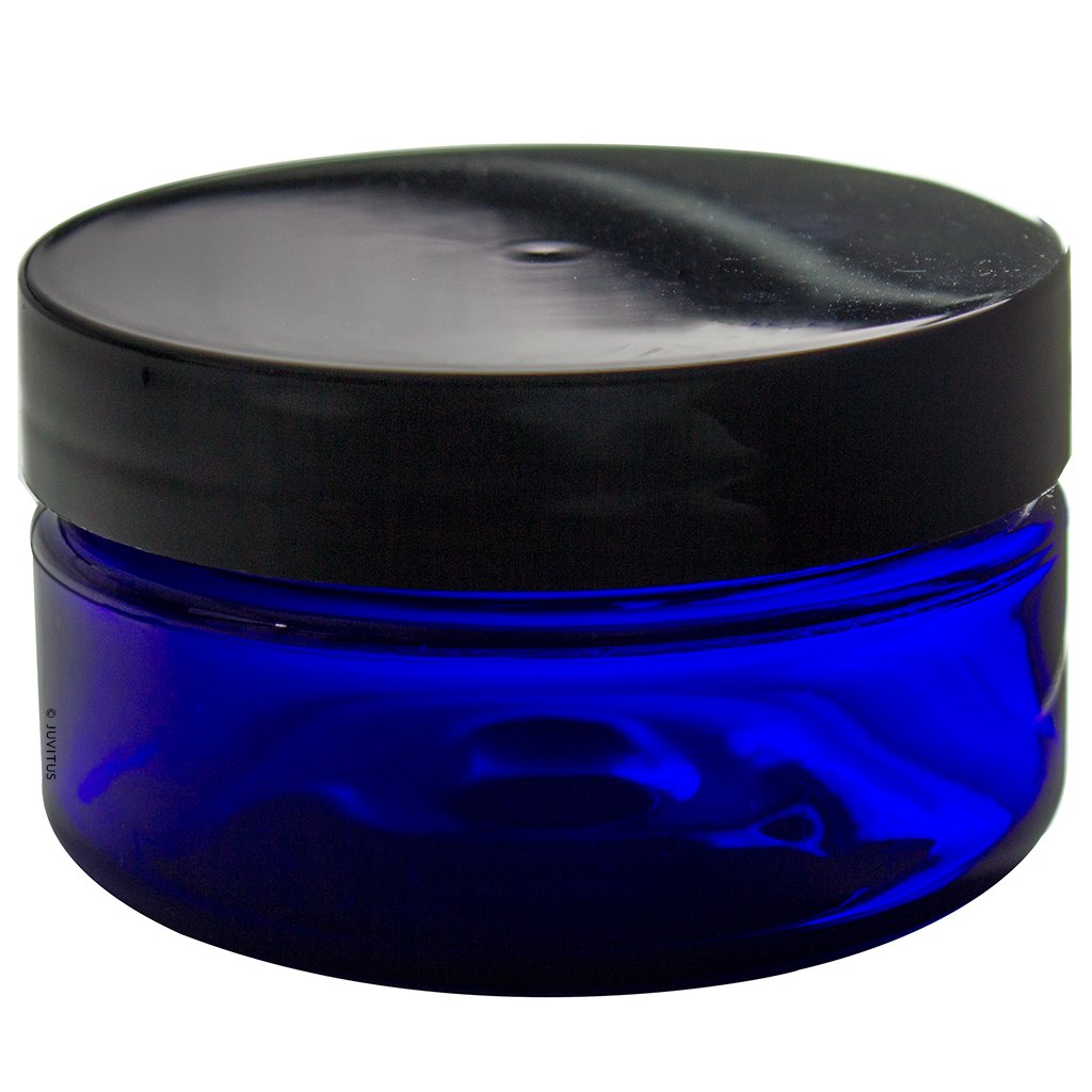 2 oz Cobalt Blue Heavy Wall Plastic Refillable Low Profile Jar with Black Lid (6 pack)