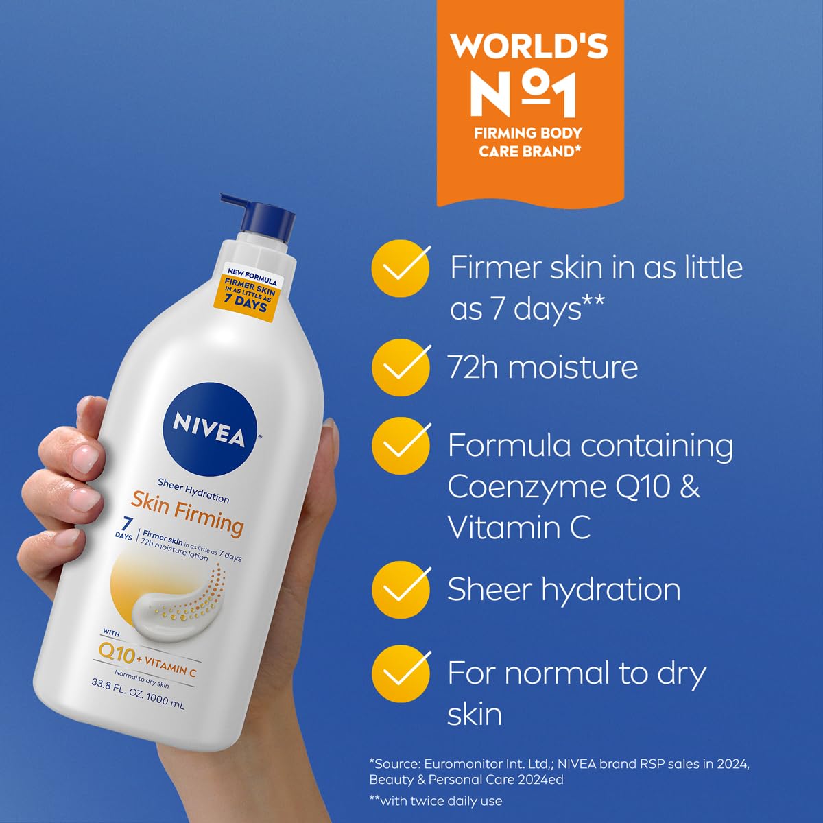 NIVEA Sheer Hydration Skin Firming Body Lotion with Q10 and Vitamin C, 72-Hour Body Moisturizer for Normal to Dry Skin, 33.8 Fl Oz Value Size Pump