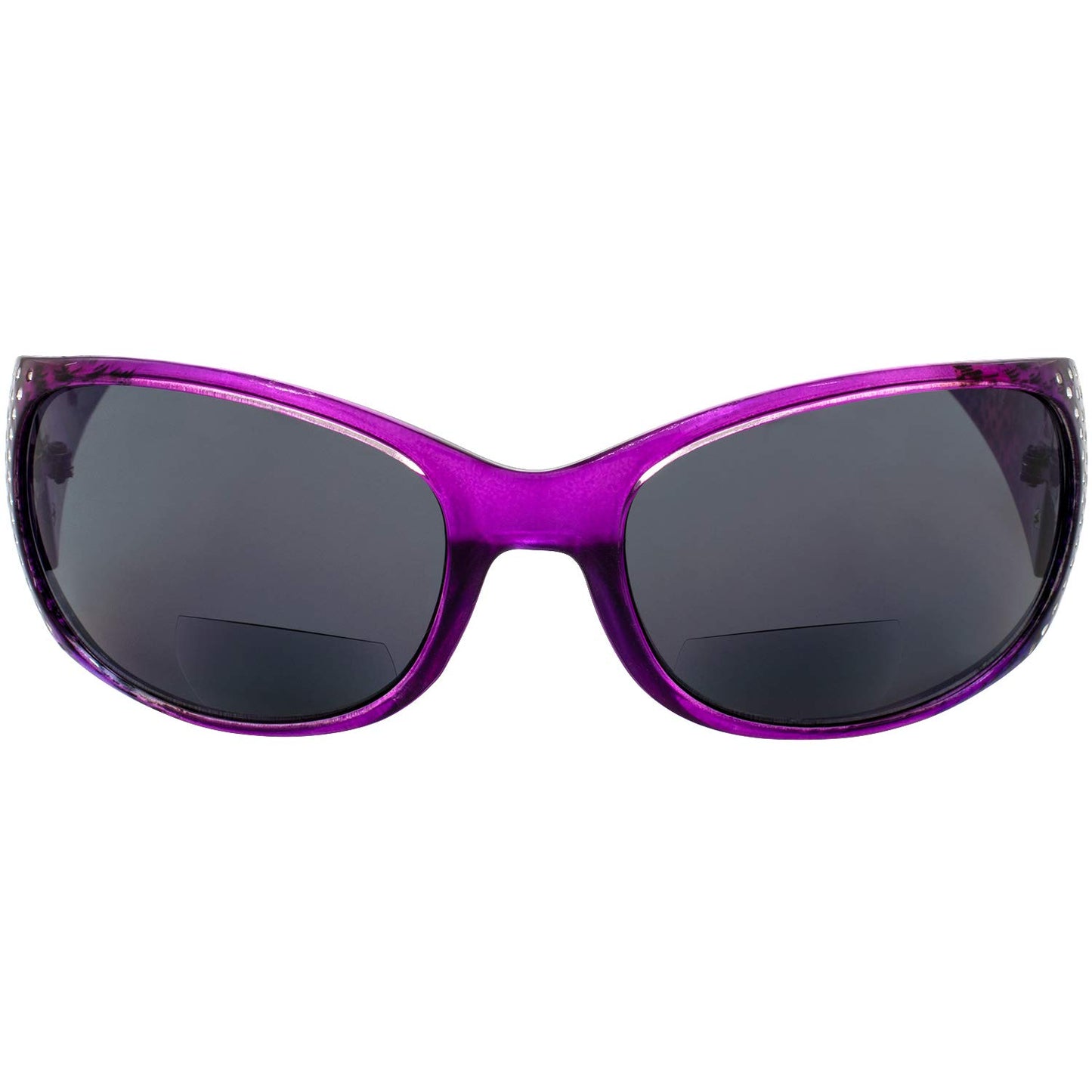 Global Vision Galaxy Womens Bifocal Fashion Motorcycle Sunglasses Chrome Rhinestone Look Lavender Frames Smoke Lenses 2.5 Magnification