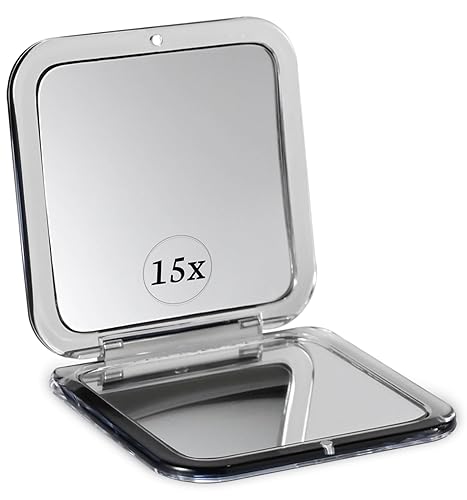 MIRRORVANA Small Compact 15X Magnifying Mirror for Travel - Handheld, Foldable & Lightweight - Mini Pocket-Sized Magnified Mirror for Purse - Square