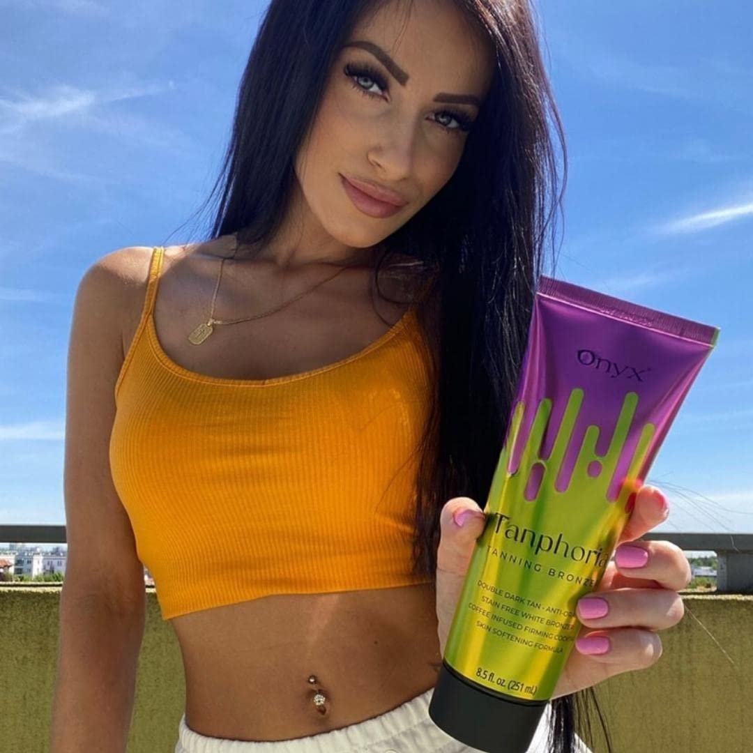 Onyx Tanphoria Tanning Bed Lotion with Bronzer & Accelerator - Gradual Dark Tan, Anti-Orange, Coffee Infused, Firming & Softening Skin, 8.5 fl oz