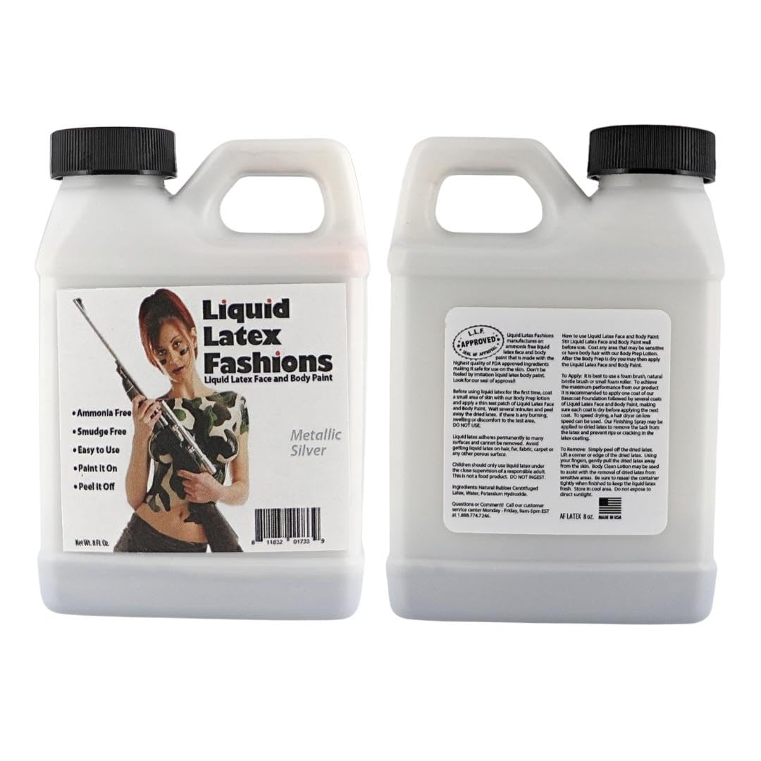 Metallic Silver Liquid Latex - 8 Oz Face and Body Paint, Shimmery Silver Effects for New Year's, Cosplay, Costumes